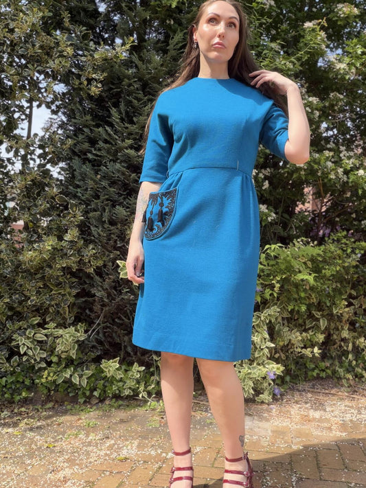 Vintage 1980s Dress Blue Knee Length with Embroidered Pocket Size 12