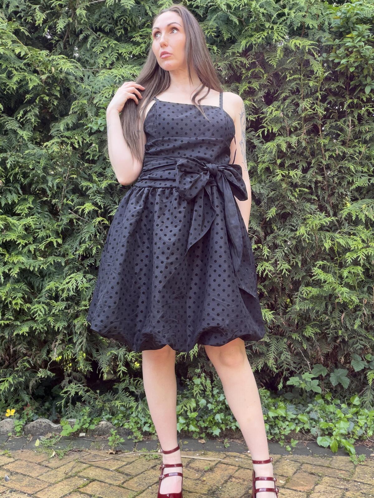 Vintage 1980s Party Dress Black Polka Dot Spaghetti Straps Bow Detail Size 12