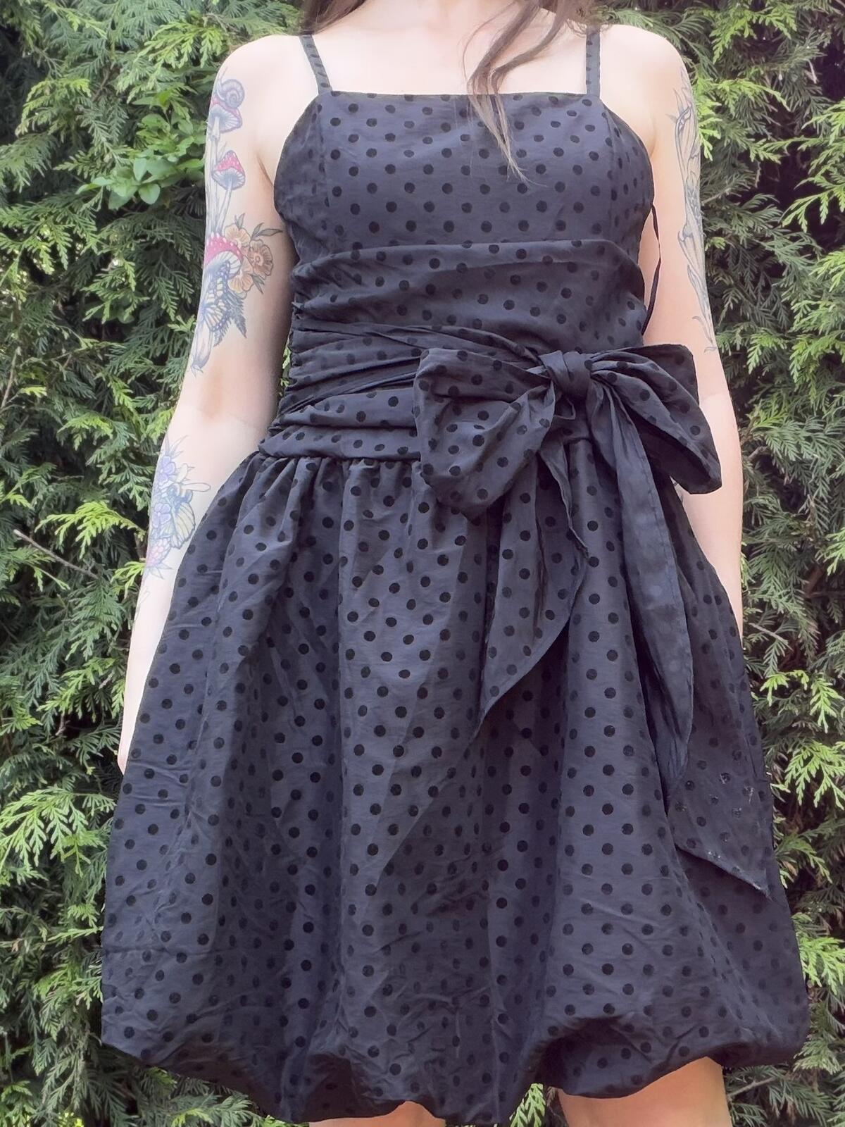 Vintage 1980s Party Dress Black Polka Dot Spaghetti Straps Bow Detail Size 12