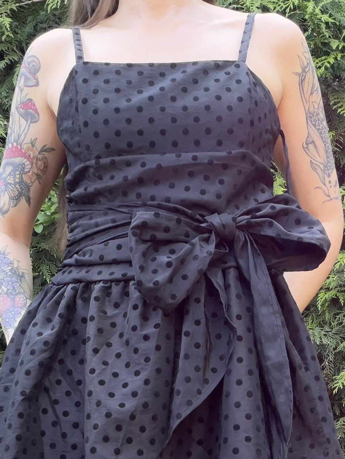 Vintage 1980s Party Dress Black Polka Dot Spaghetti Straps Bow Detail Size 12