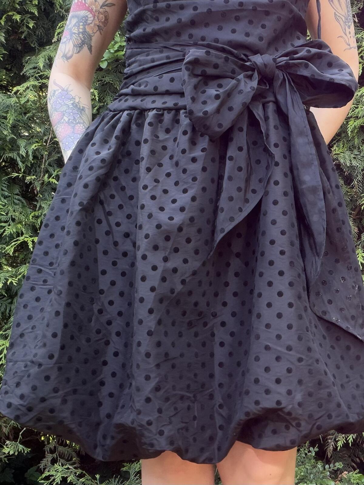 Vintage 1980s Party Dress Black Polka Dot Spaghetti Straps Bow Detail Size 12