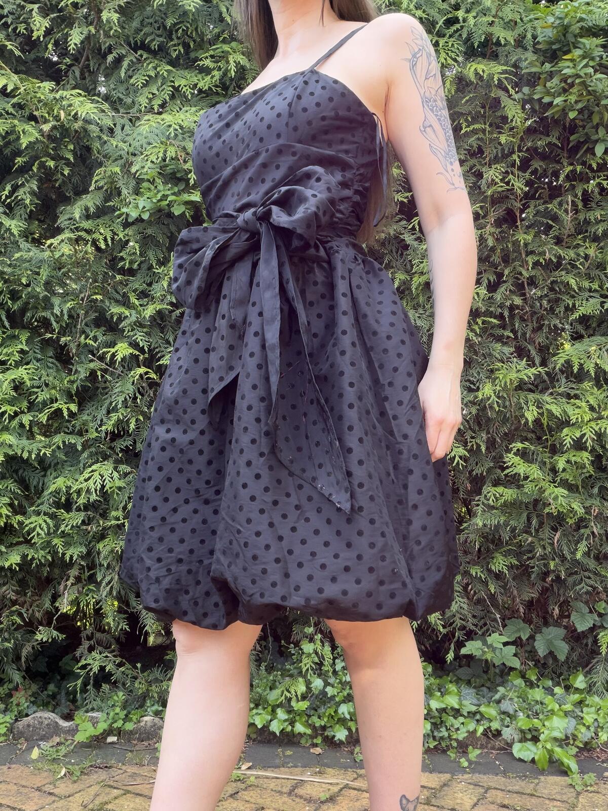 Vintage 1980s Party Dress Black Polka Dot Spaghetti Straps Bow Detail Size 12