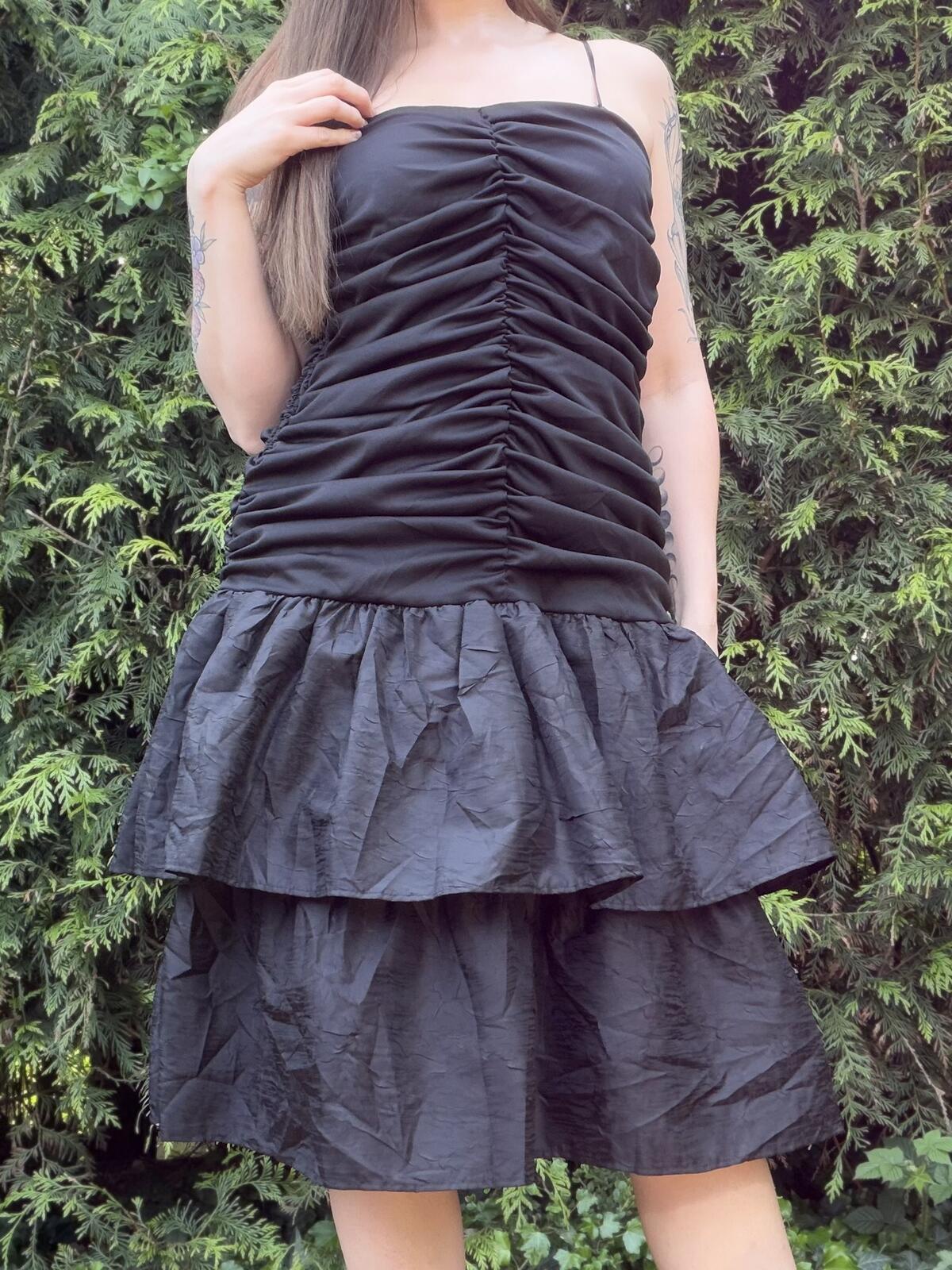Vintage 1980s Party Dress Black Ruched Strap Dress with Tiered Skirt Size 14
