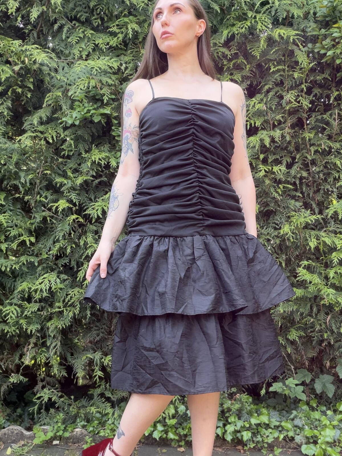 Vintage 1980s Party Dress Black Ruched Strap Dress with Tiered Skirt Size 14