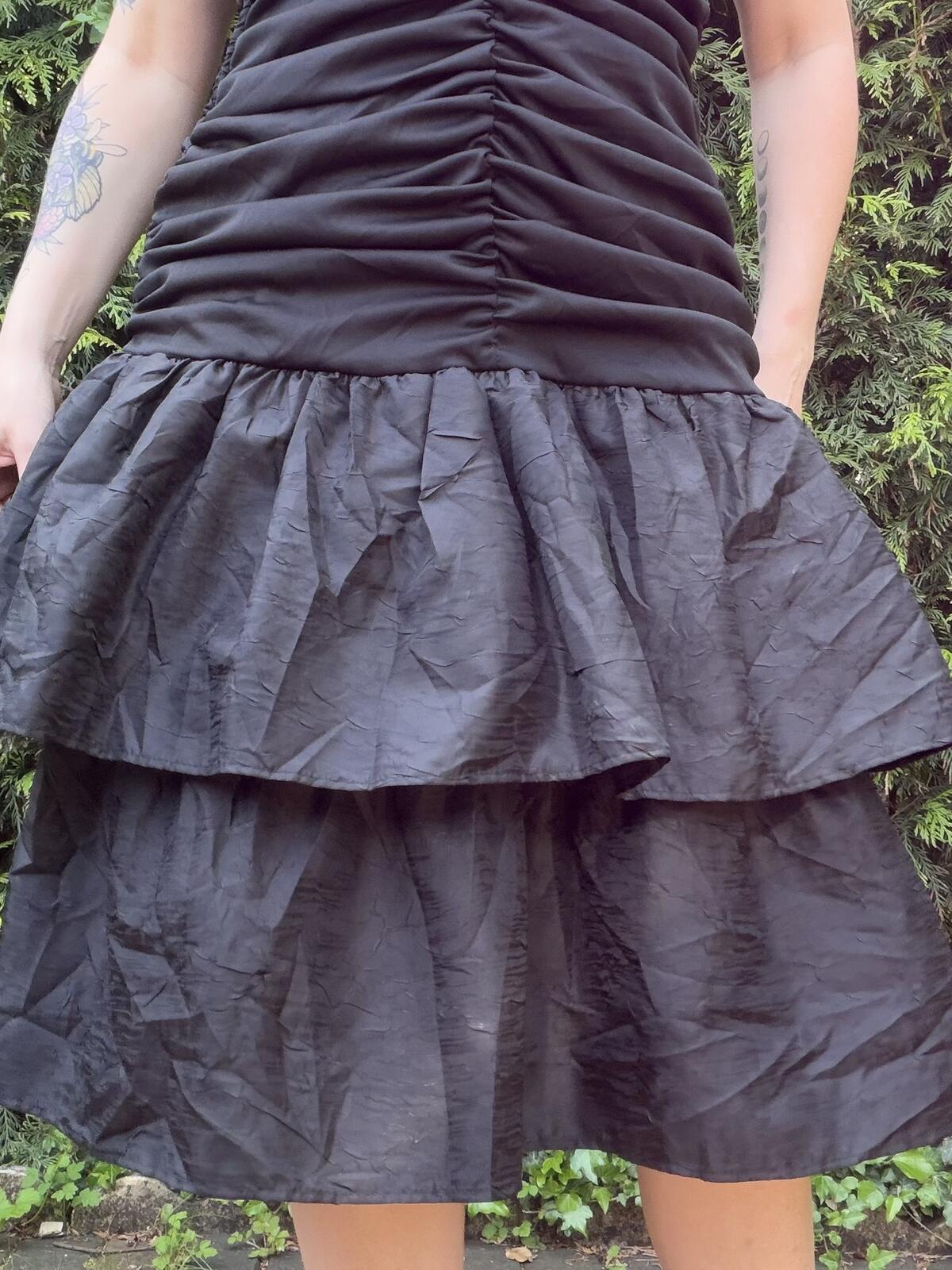 Vintage 1980s Party Dress Black Ruched Strap Dress with Tiered Skirt Size 14
