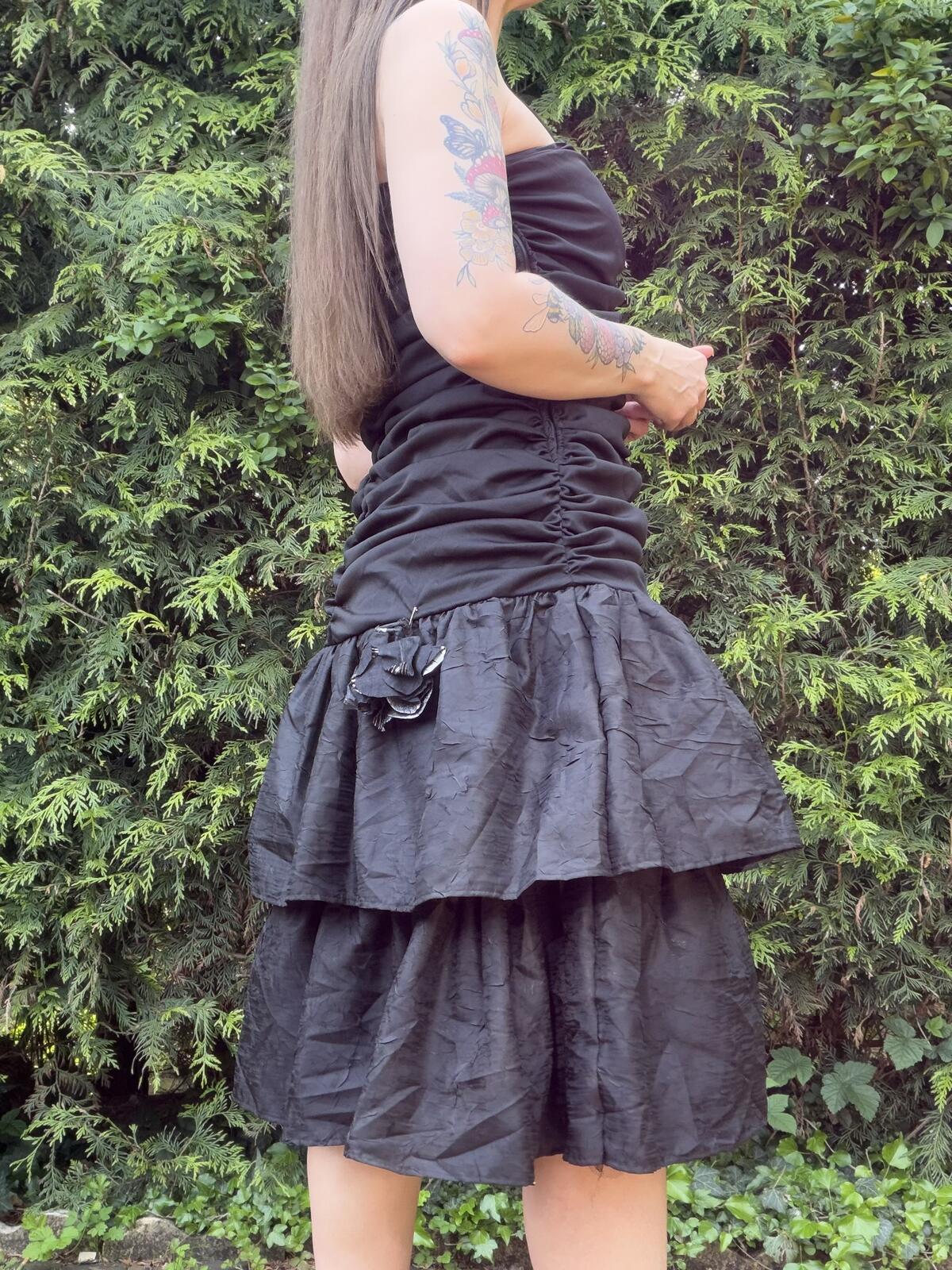 Vintage 1980s Party Dress Black Ruched Strap Dress with Tiered Skirt Size 14