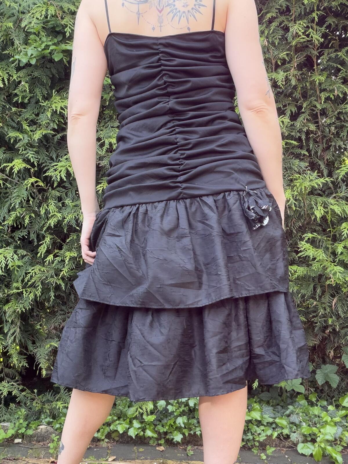 Vintage 1980s Party Dress Black Ruched Strap Dress with Tiered Skirt Size 14