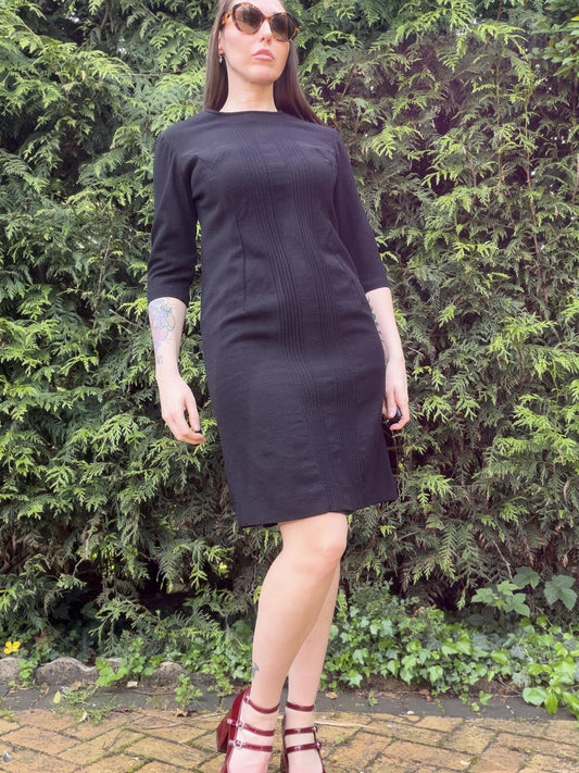 Vintage 1960s Tailored Dress Classic Black Knee Length with 3/4 Sleeves Size 12