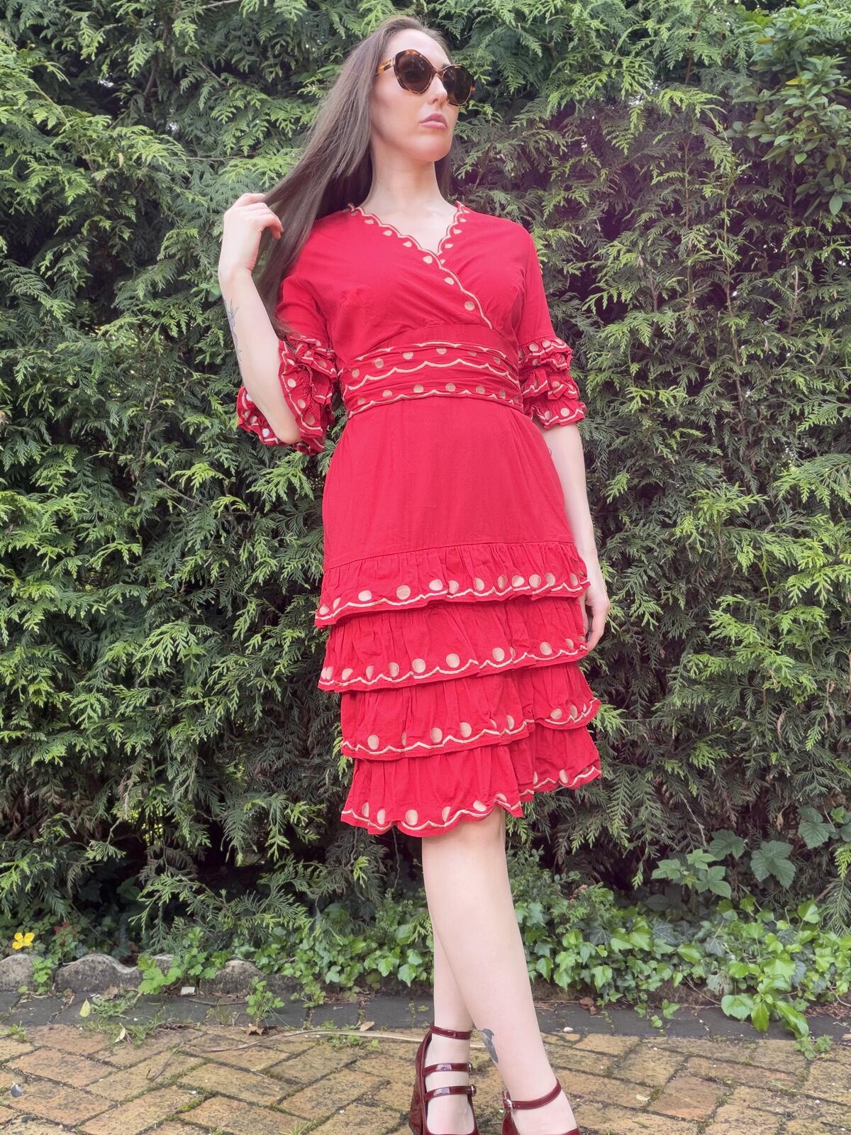 Vintage 1980s Dress Red Tiered Ruffle Dress with Polka Dot Detailing Size 14