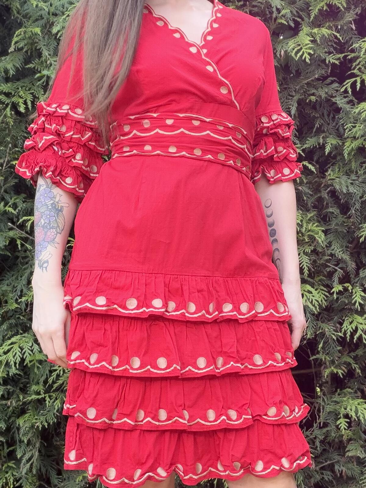 Vintage 1980s Dress Red Tiered Ruffle Dress with Polka Dot Detailing Size 14
