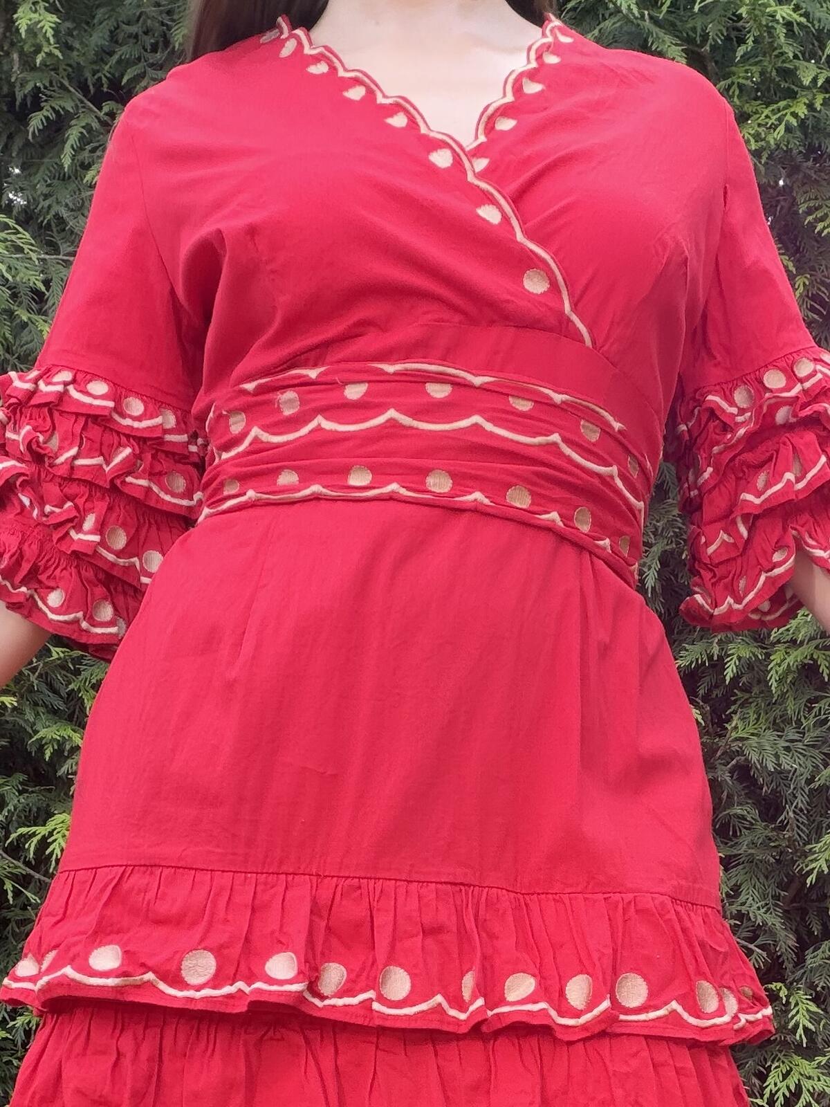 Vintage 1980s Dress Red Tiered Ruffle Dress with Polka Dot Detailing Size 14