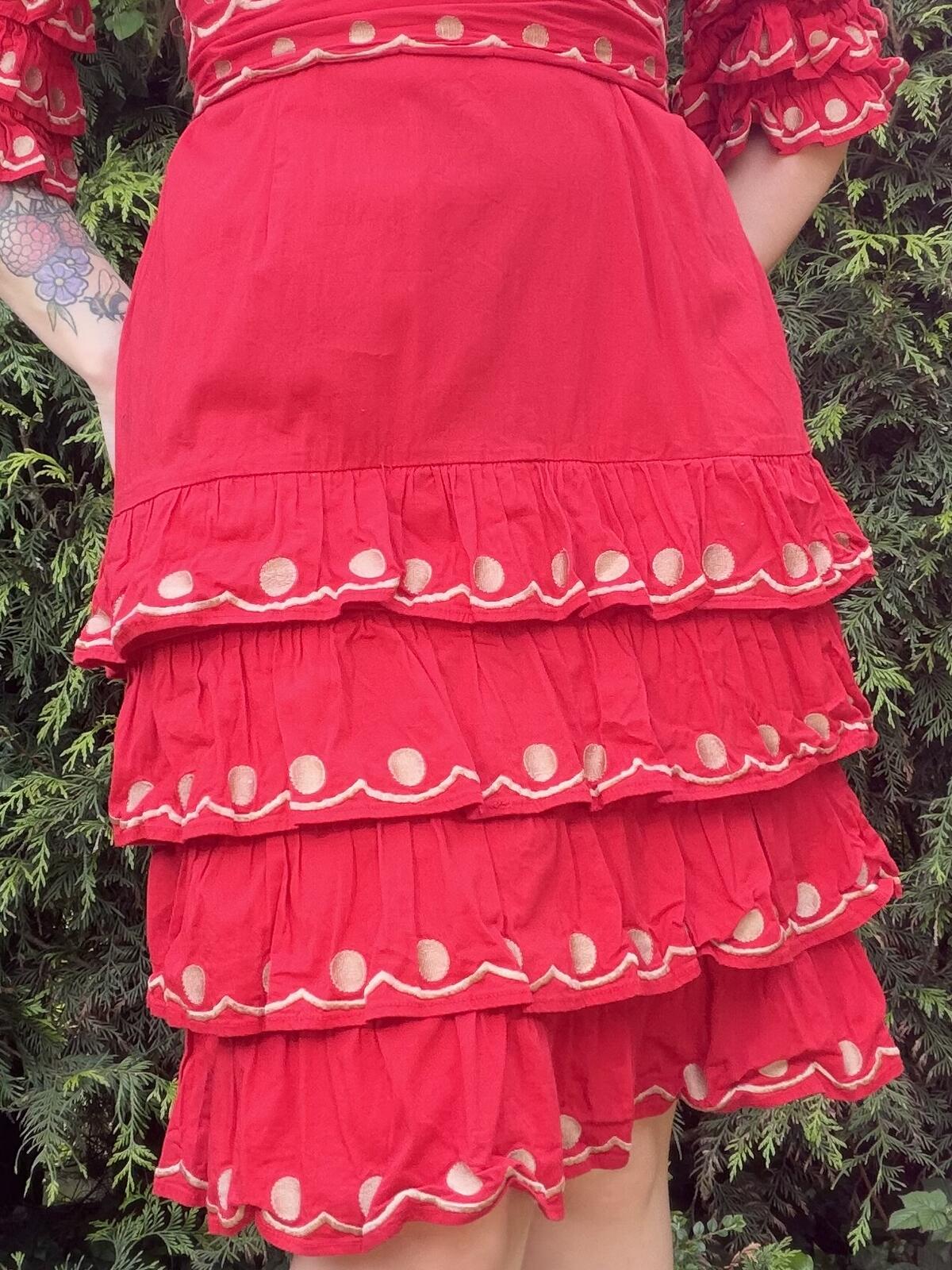 Vintage 1980s Dress Red Tiered Ruffle Dress with Polka Dot Detailing Size 14
