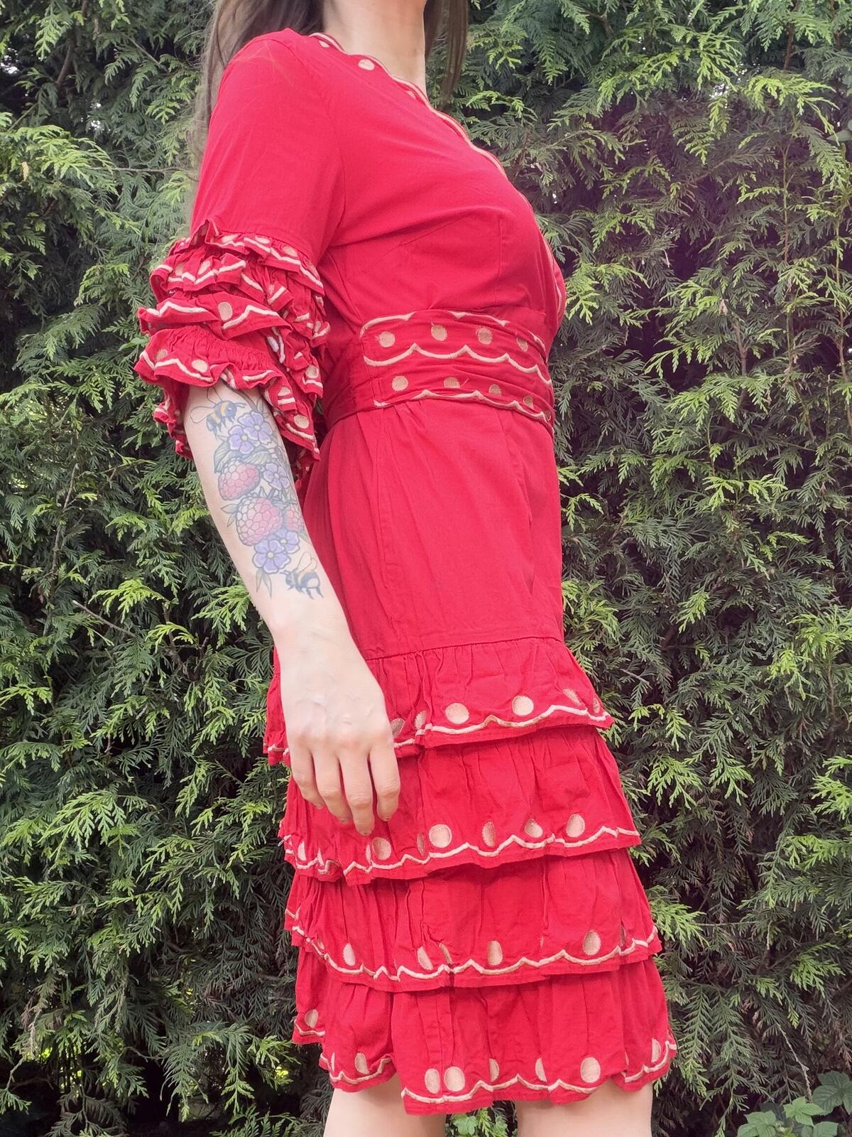 Vintage 1980s Dress Red Tiered Ruffle Dress with Polka Dot Detailing Size 14