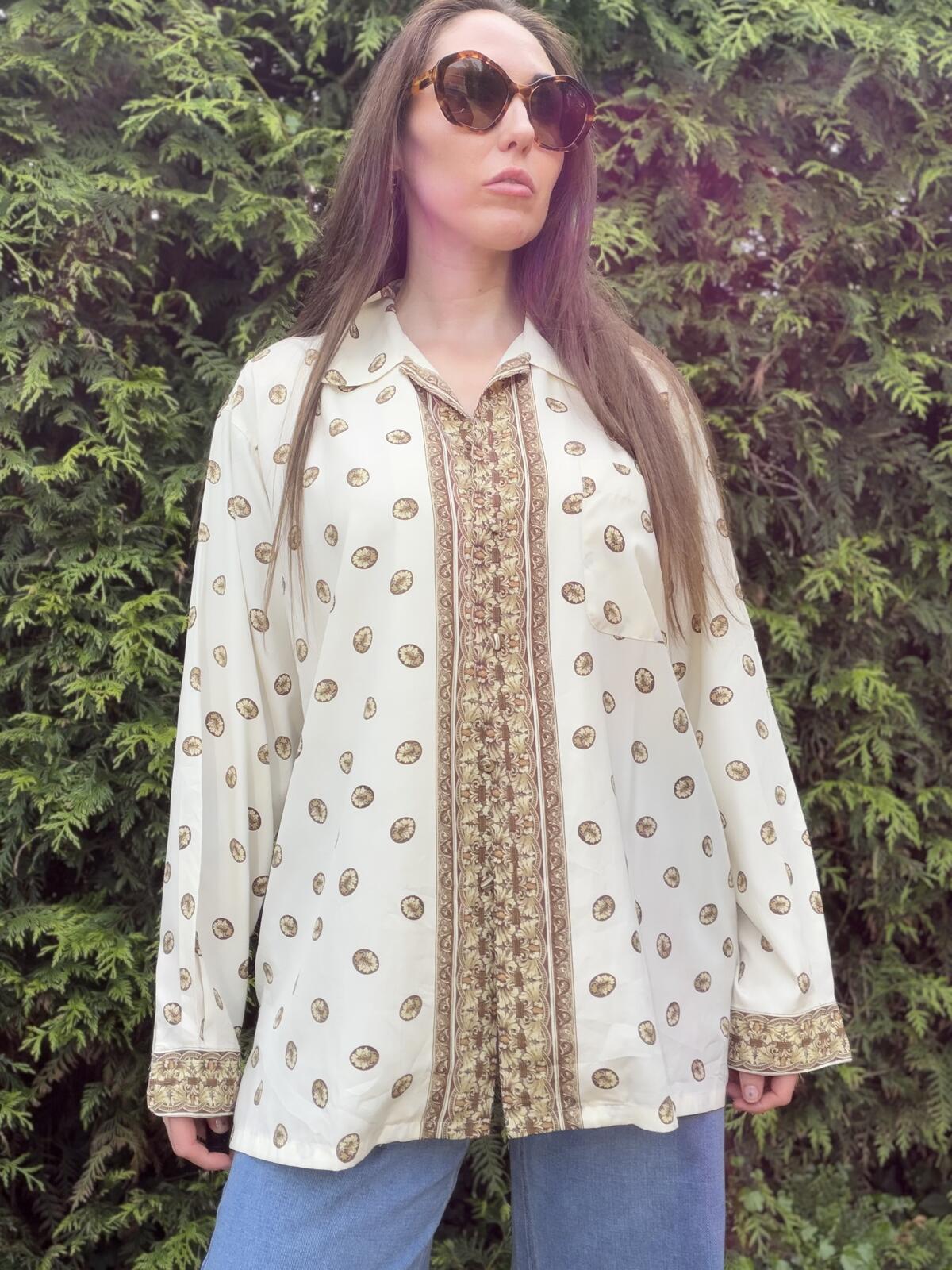 Vintage 1980s Retro Blouse Cream and Brown Patterned Long Sleeve Shirt Size L