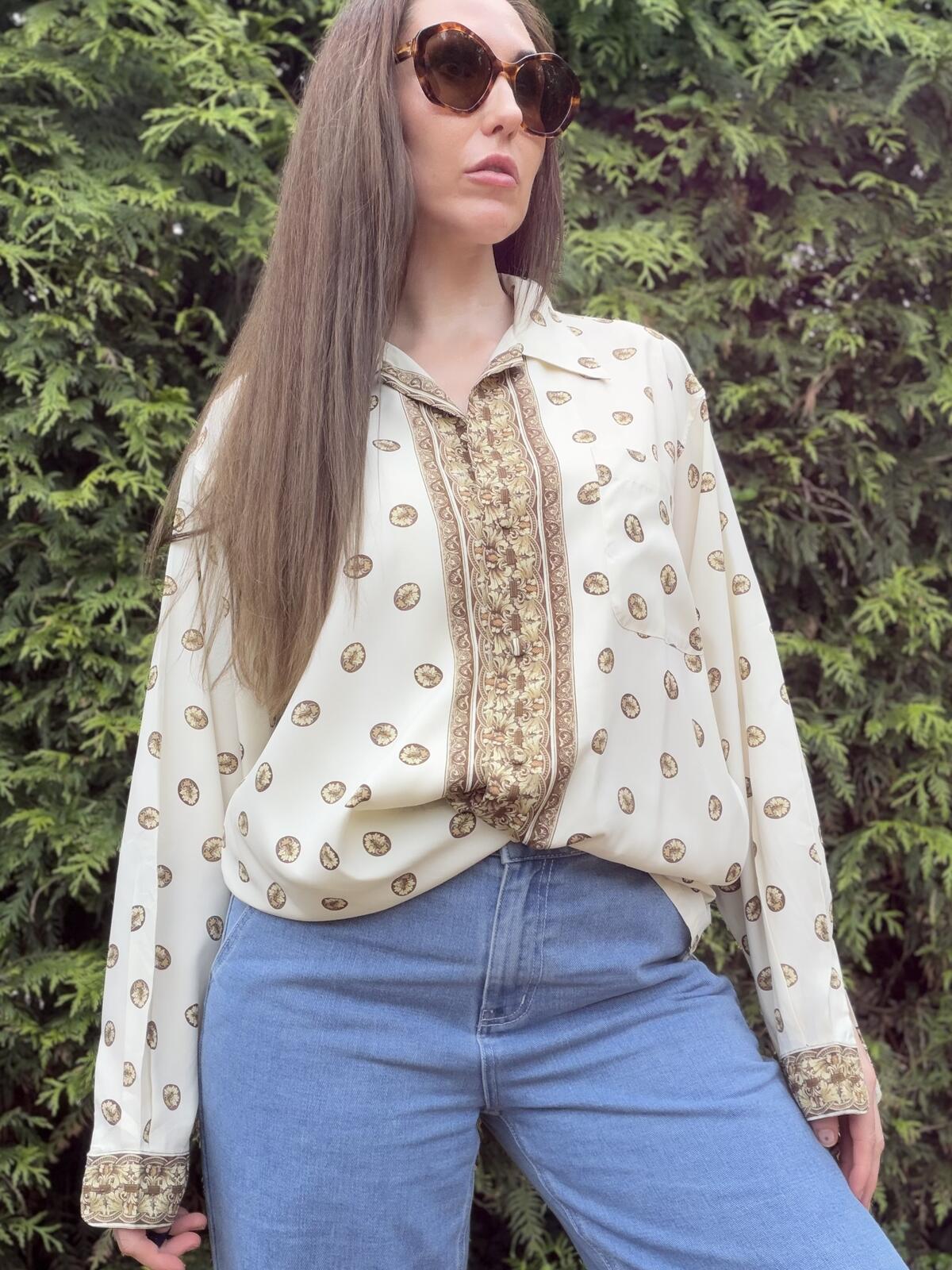 Vintage 1980s Retro Blouse Cream and Brown Patterned Long Sleeve Shirt Size L