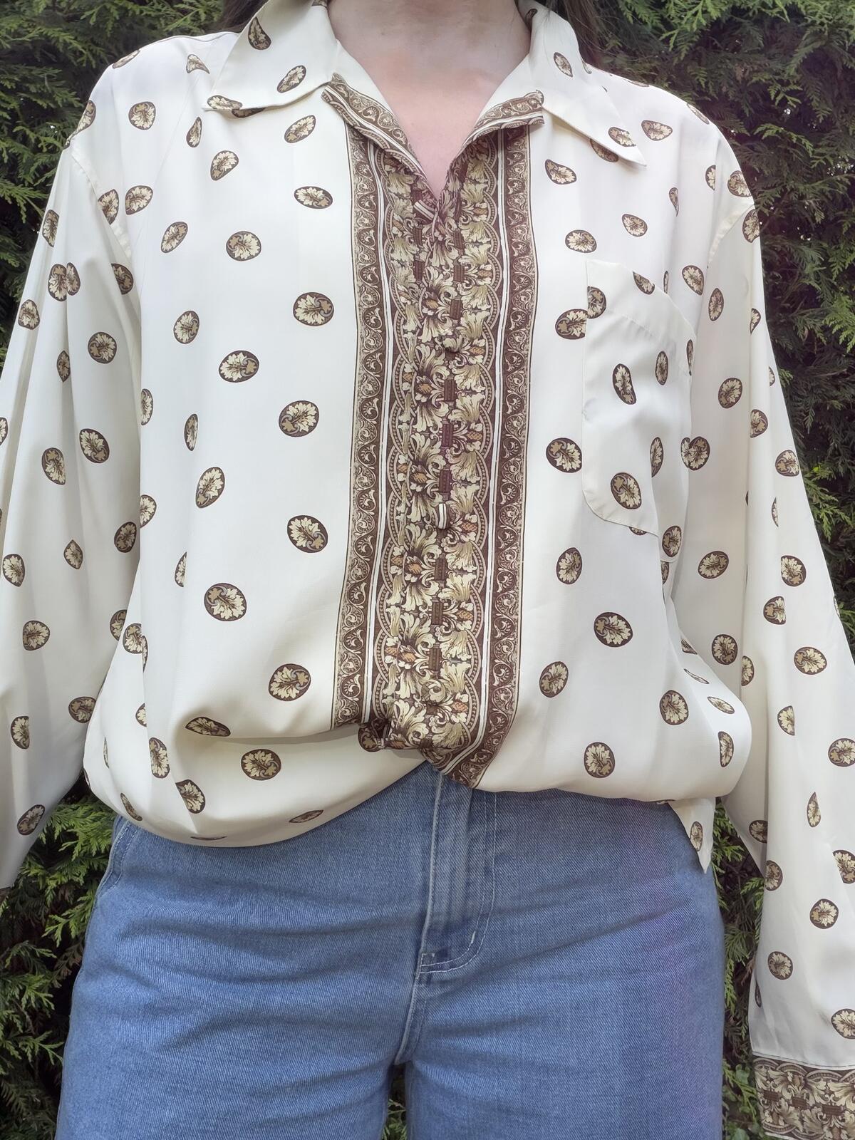 Vintage 1980s Retro Blouse Cream and Brown Patterned Long Sleeve Shirt Size L