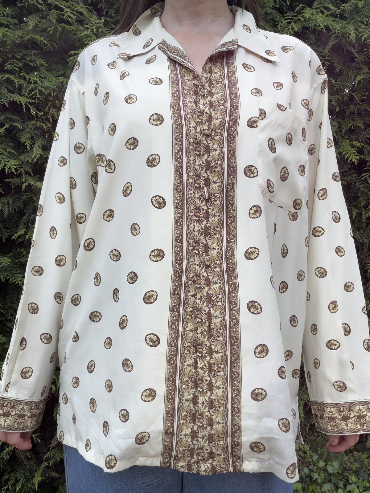 Vintage 1980s Retro Blouse Cream and Brown Patterned Long Sleeve Shirt Size L