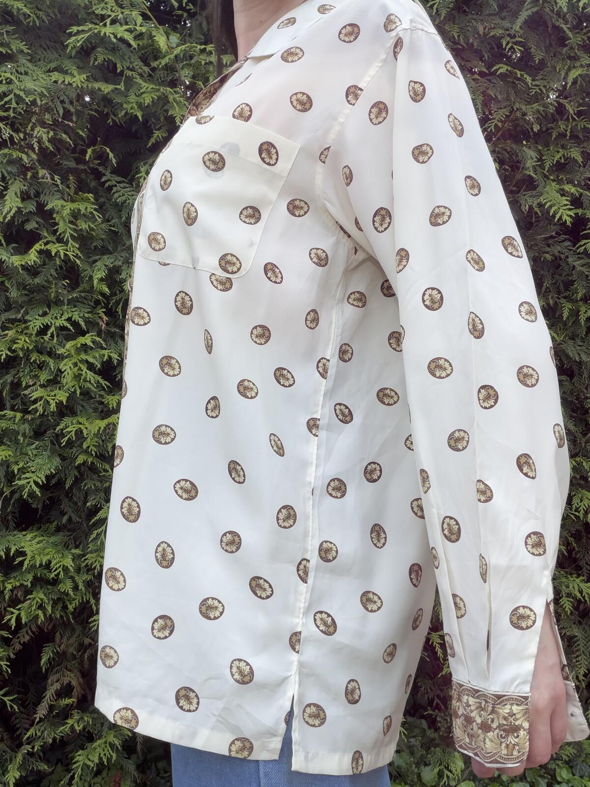 Vintage 1980s Retro Blouse Cream and Brown Patterned Long Sleeve Shirt Size L