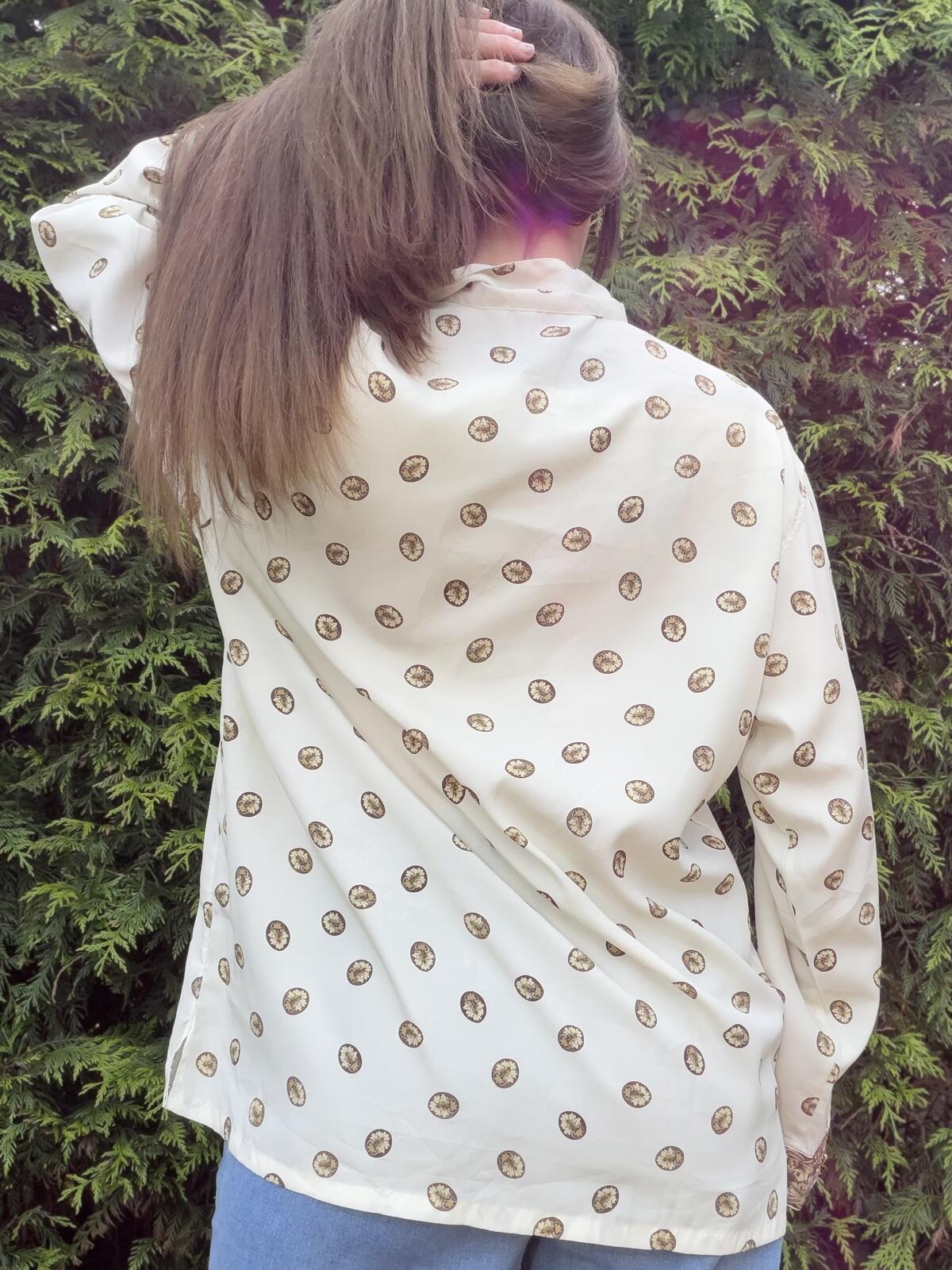 Vintage 1980s Retro Blouse Cream and Brown Patterned Long Sleeve Shirt Size L