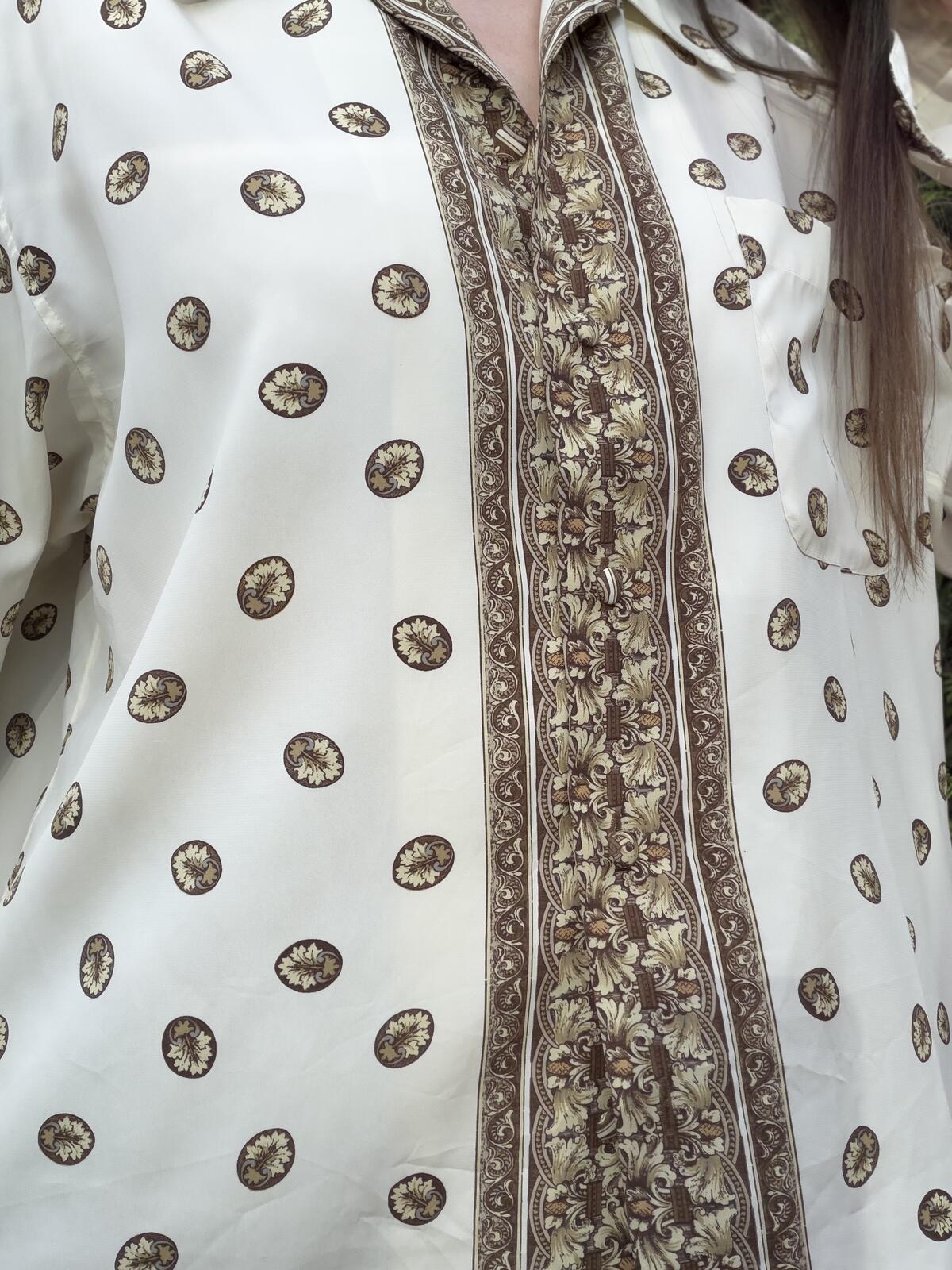 Vintage 1980s Retro Blouse Cream and Brown Patterned Long Sleeve Shirt Size L