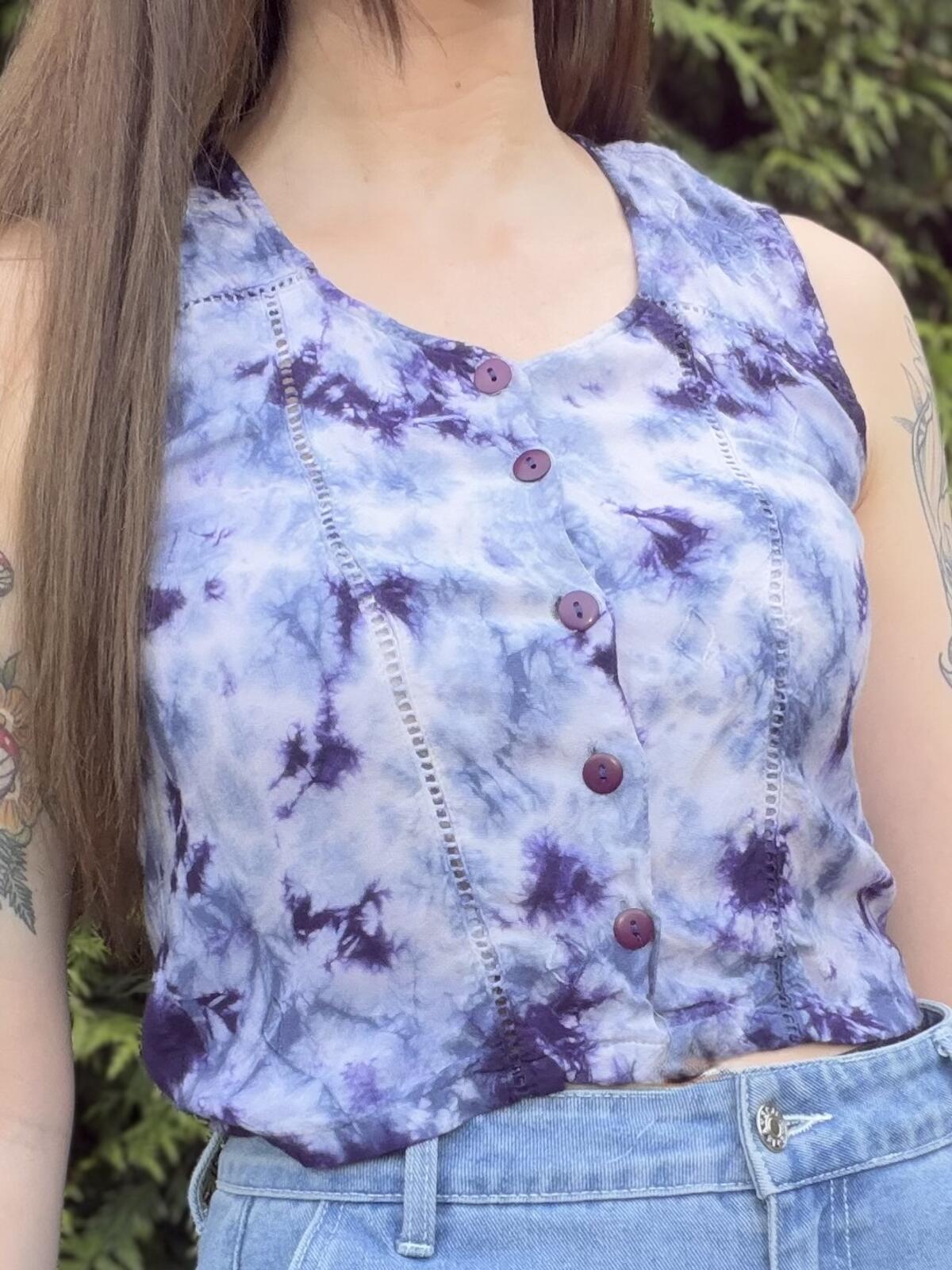 Hippie Boho Summer Top Sleeveless Tie Dye Shirt Top Blue Purple Size 8