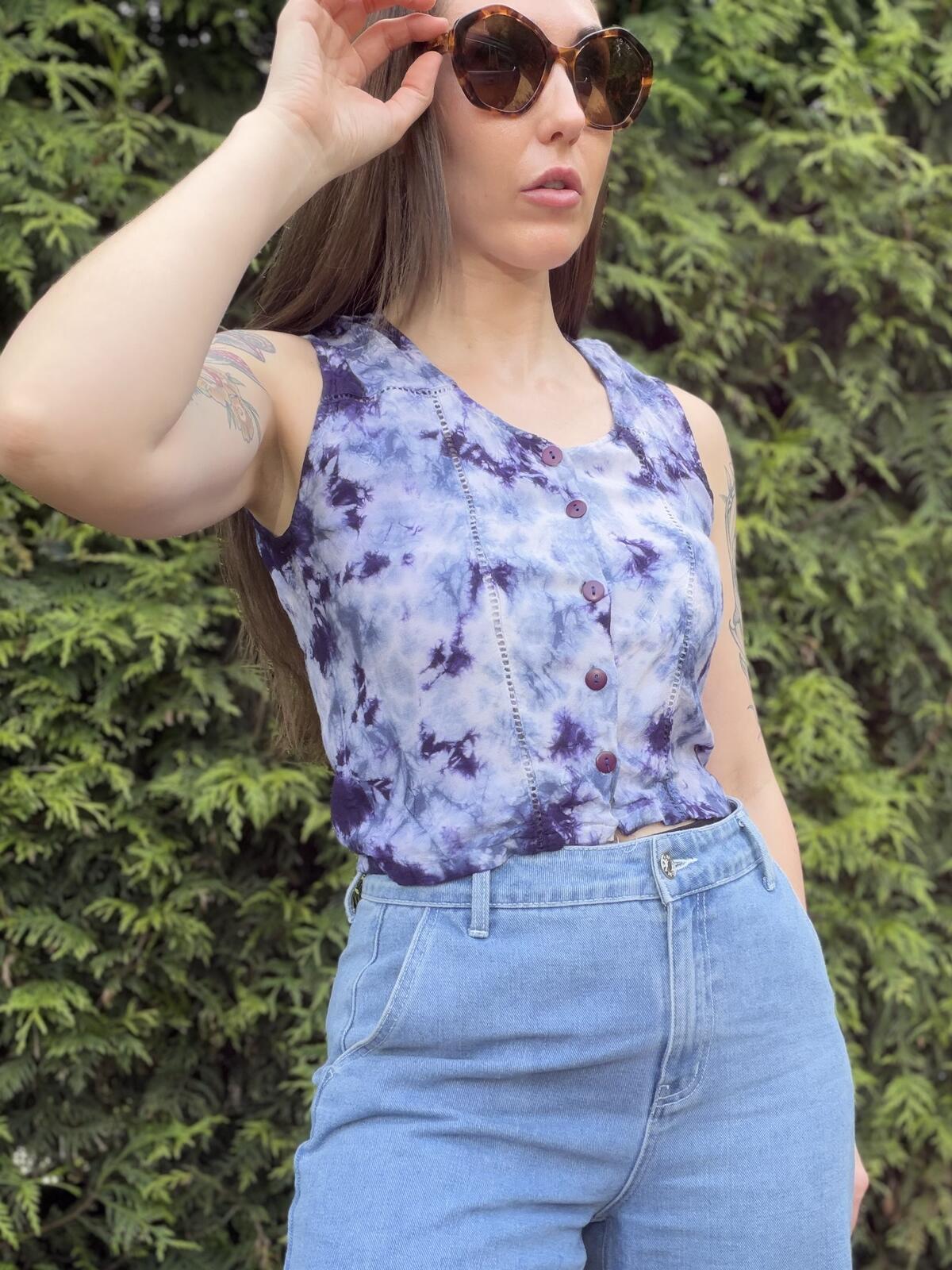 Hippie Boho Summer Top Sleeveless Tie Dye Shirt Top Blue Purple Size 8