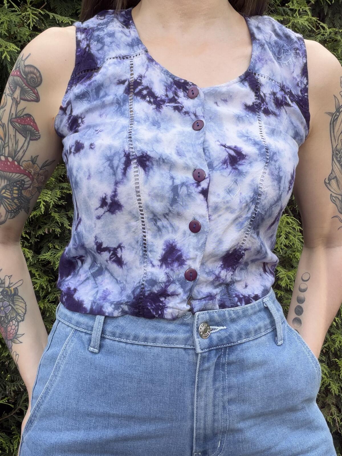 Hippie Boho Summer Top Sleeveless Tie Dye Shirt Top Blue Purple Size 8