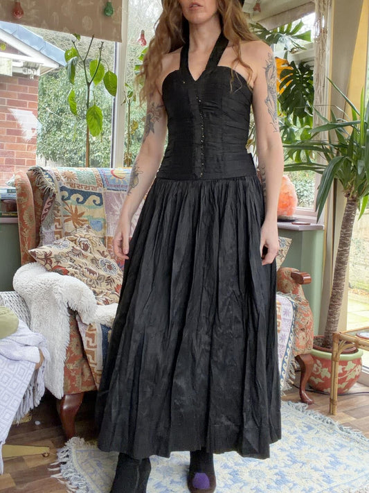 Vintage 1980s Cocktail Dress Black Sequin Halter Neck Party Dress size 8