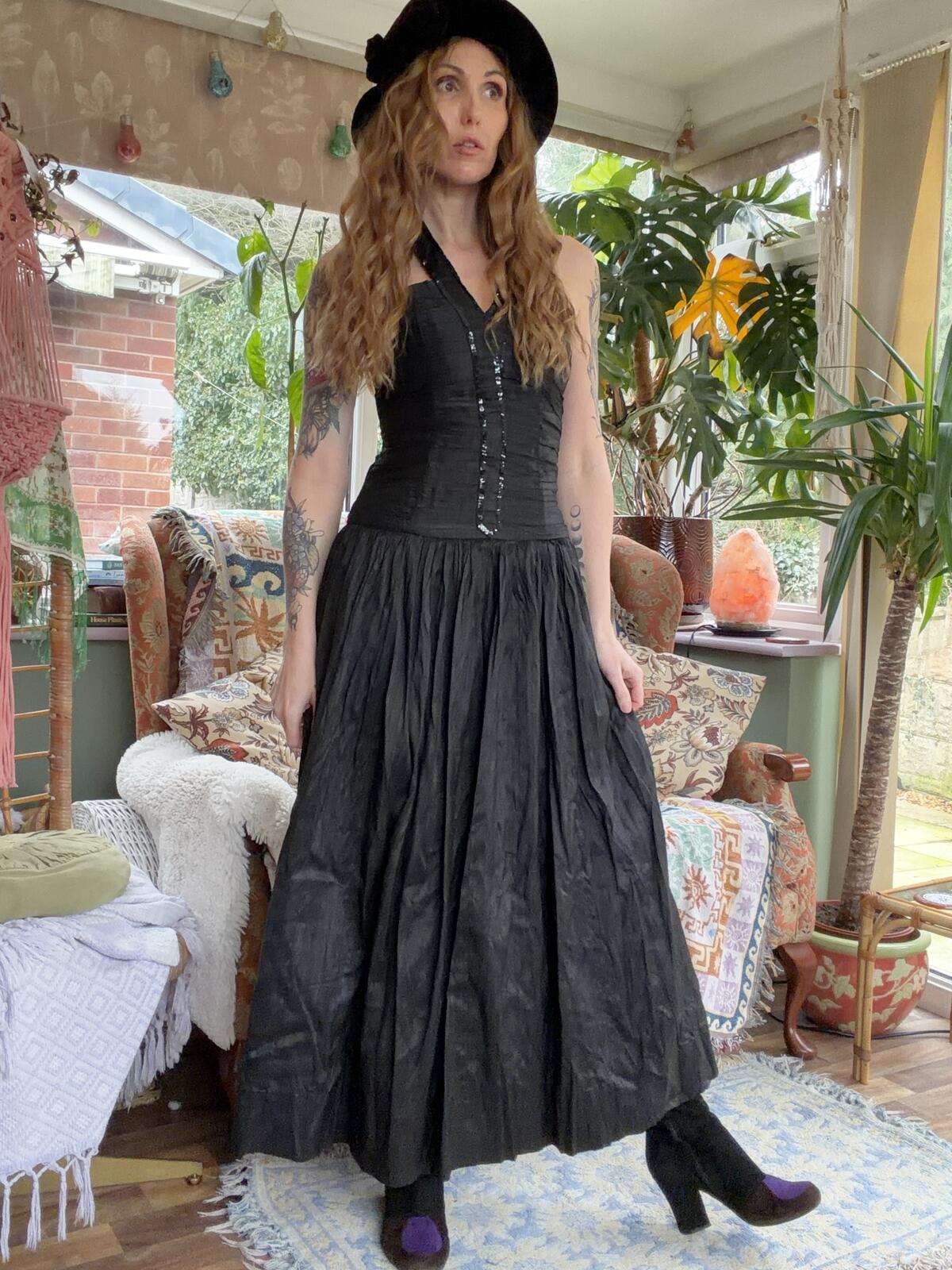 Vintage 1980s Cocktail Dress Black Sequin Halter Neck Party Dress size 8