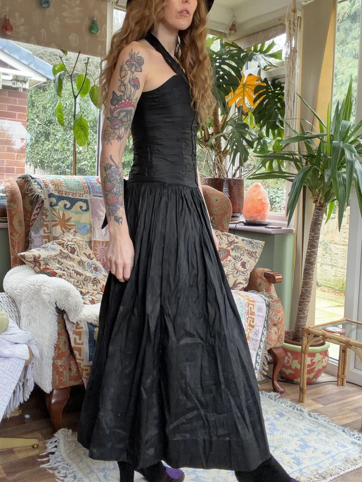 Vintage 1980s Cocktail Dress Black Sequin Halter Neck Party Dress size 8