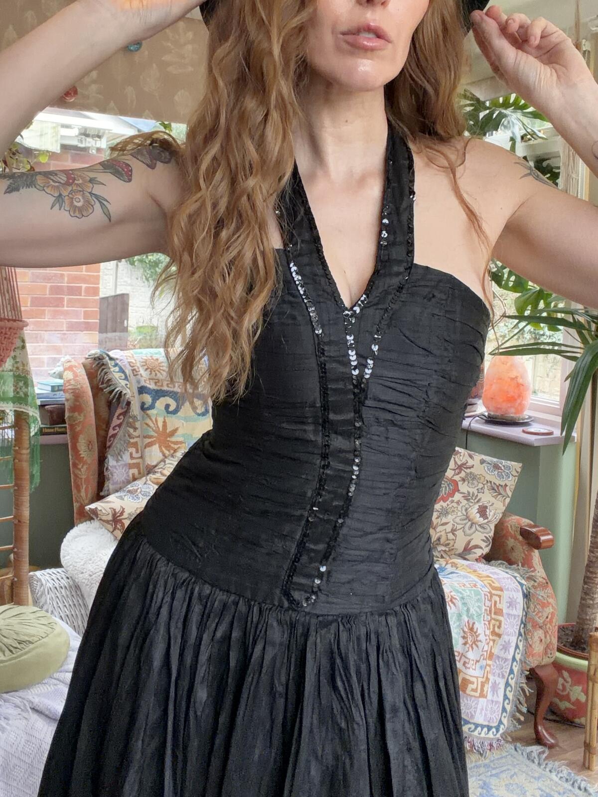 Vintage 1980s Cocktail Dress Black Sequin Halter Neck Party Dress size 8
