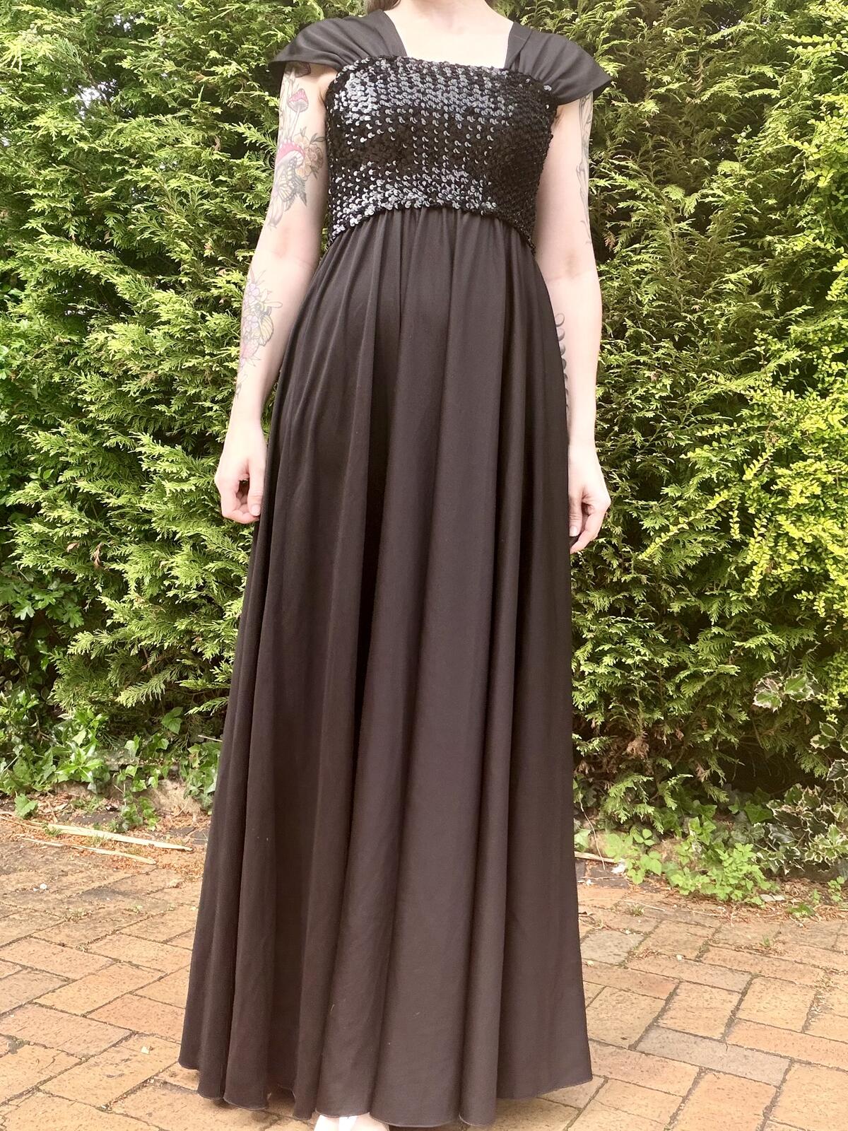 Vintage 1980s Maxi Dress Black Long Party Dress with Sequin Bodice Size 10