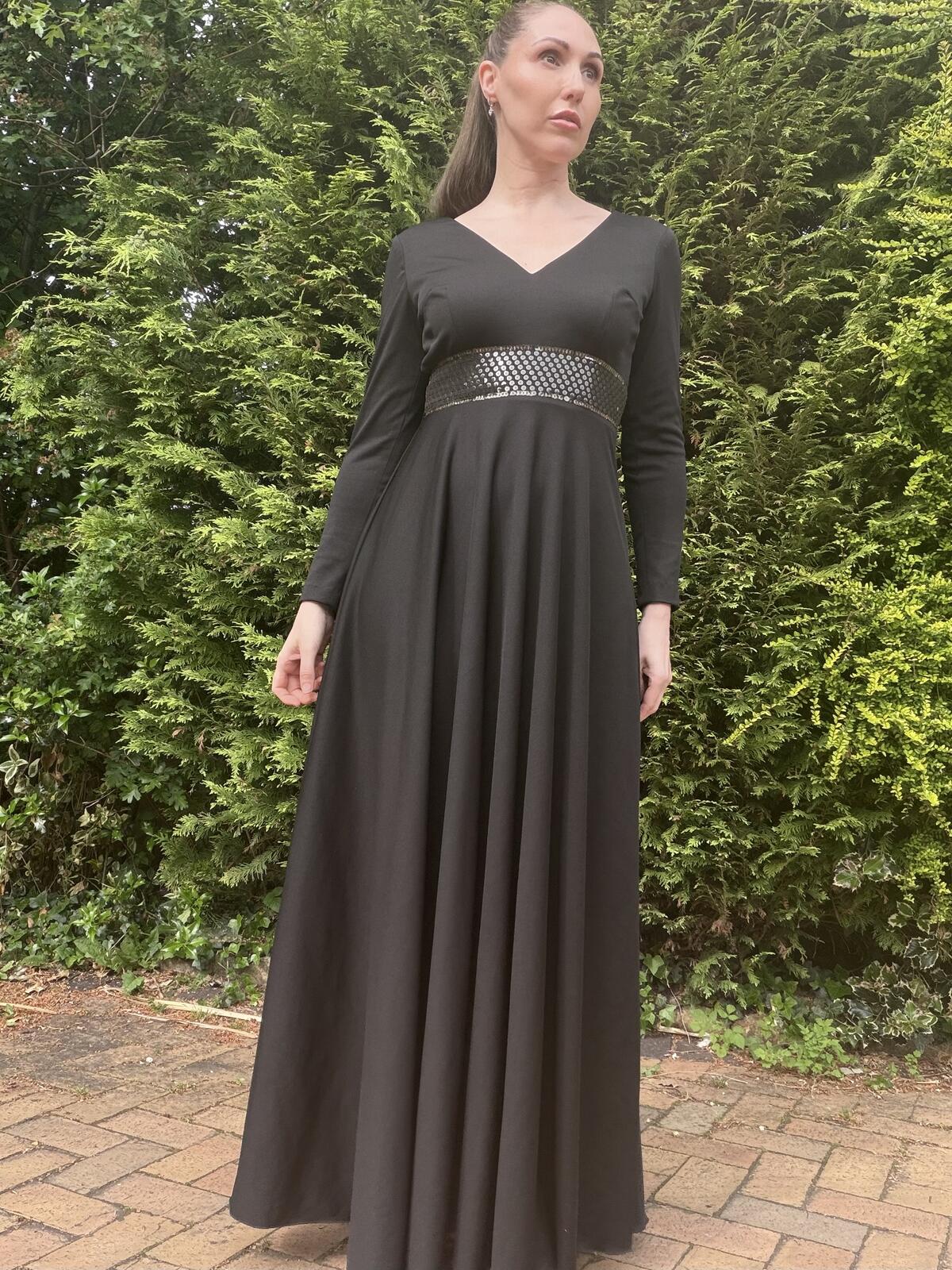 Vintage 1980s Maxi Dress Black Long Sleeve with Sequin Waist Detail Size 10