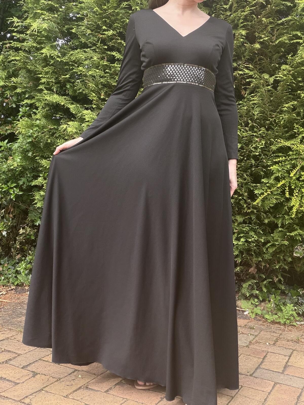 Vintage 1980s Maxi Dress Black Long Sleeve with Sequin Waist Detail Size 10