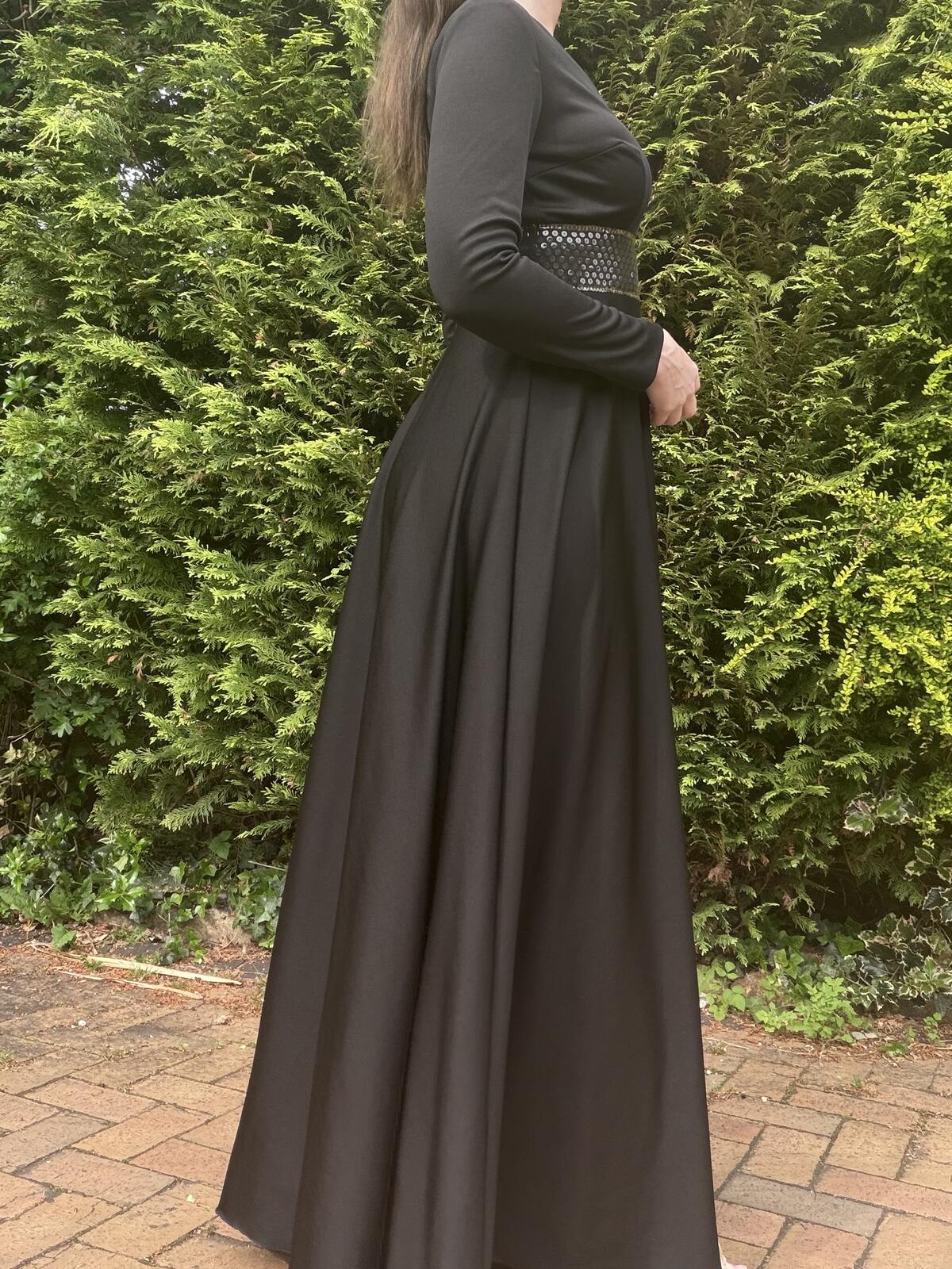 Vintage 1980s Maxi Dress Black Long Sleeve with Sequin Waist Detail Size 10