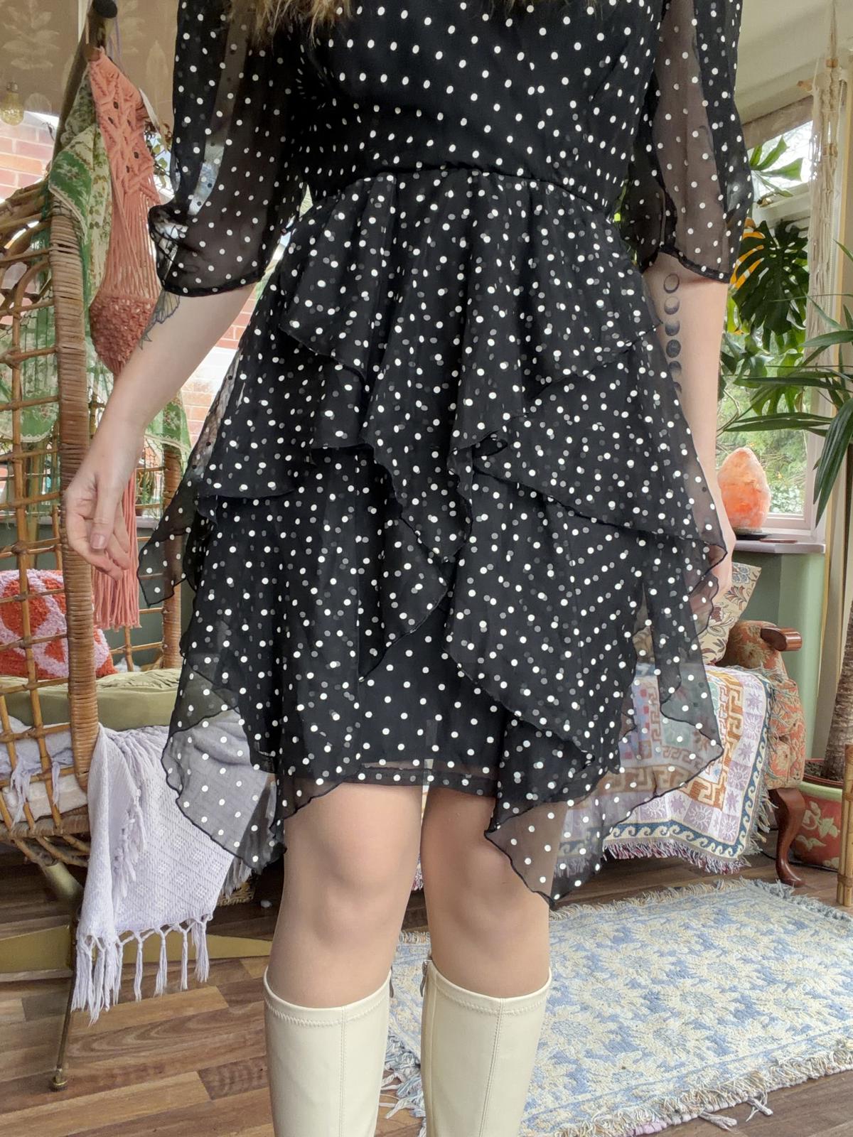Vintage 1980s Polcadot Dress By Yessica Retro Floaty Assymetric Design Black 8