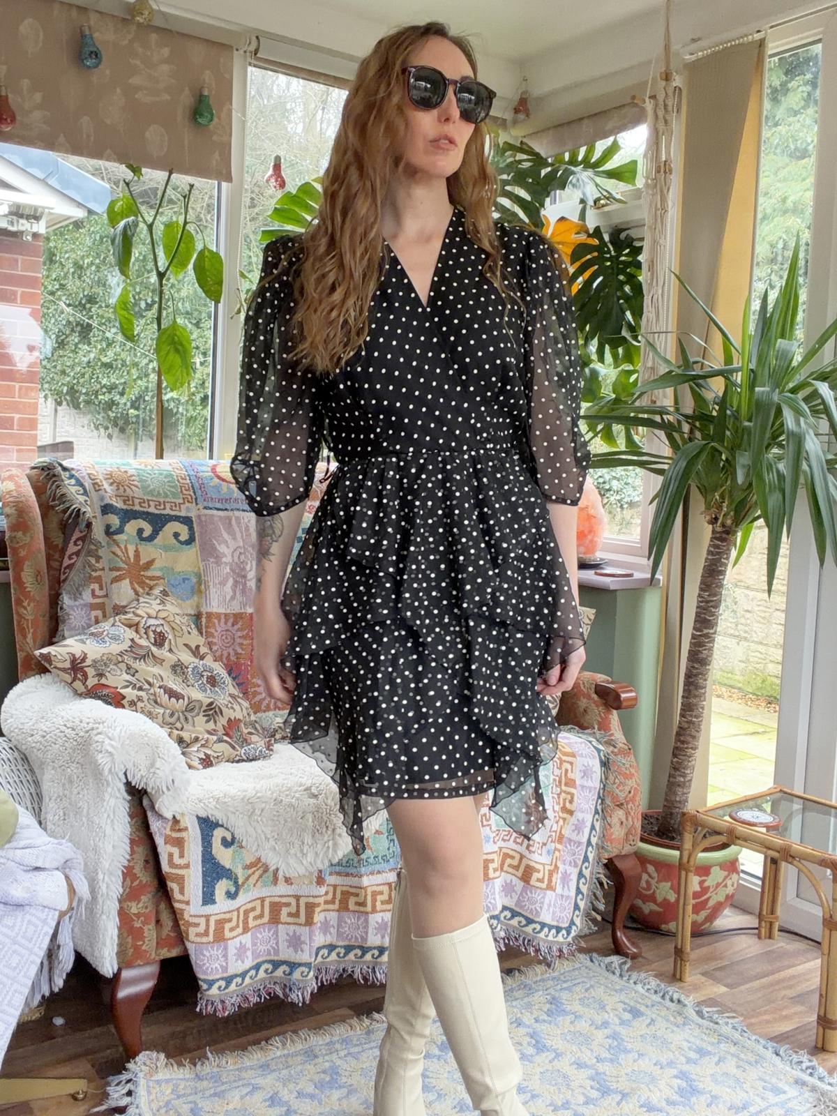 Vintage 1980s Polcadot Dress By Yessica Retro Floaty Assymetric Design Black 8