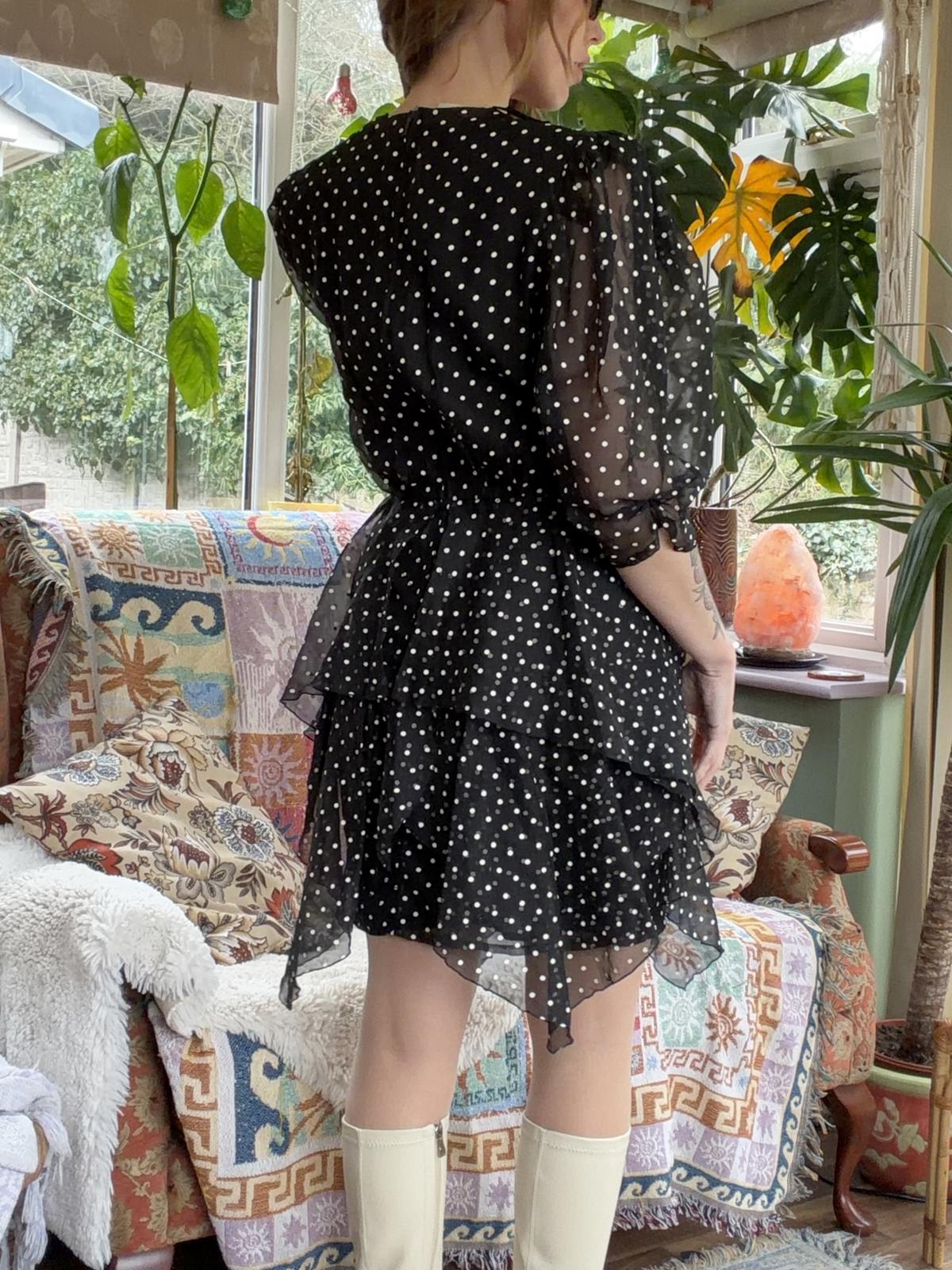 Vintage 1980s Polcadot Dress By Yessica Retro Floaty Assymetric Design Black 8