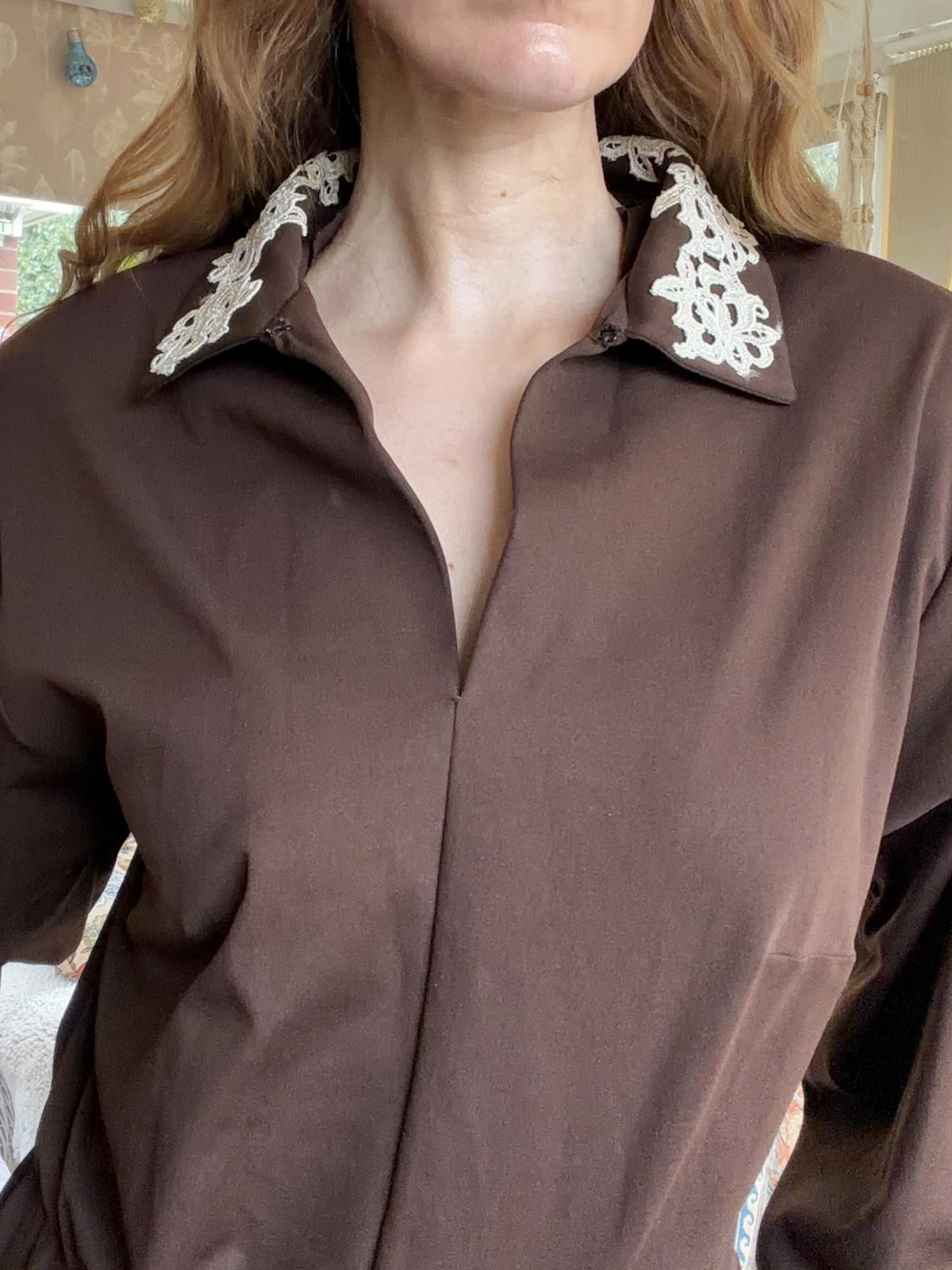 Vintage 1970s Formal Dress With Embroidered Collar And Long Sleeves Brown 18-20