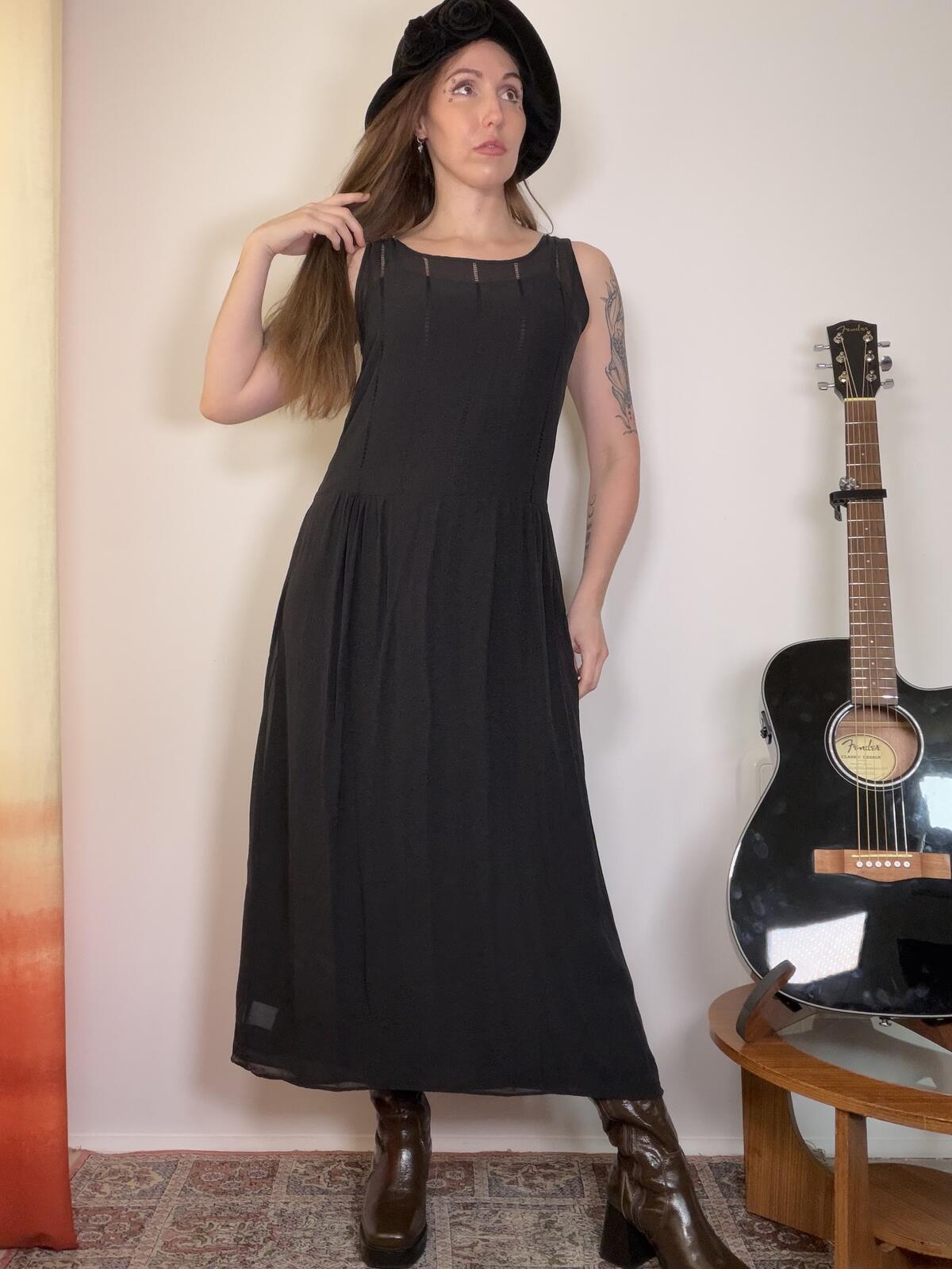 Vintage Laura Ashley dress 100% silk long floaty whimsigoth maxi black size 12
