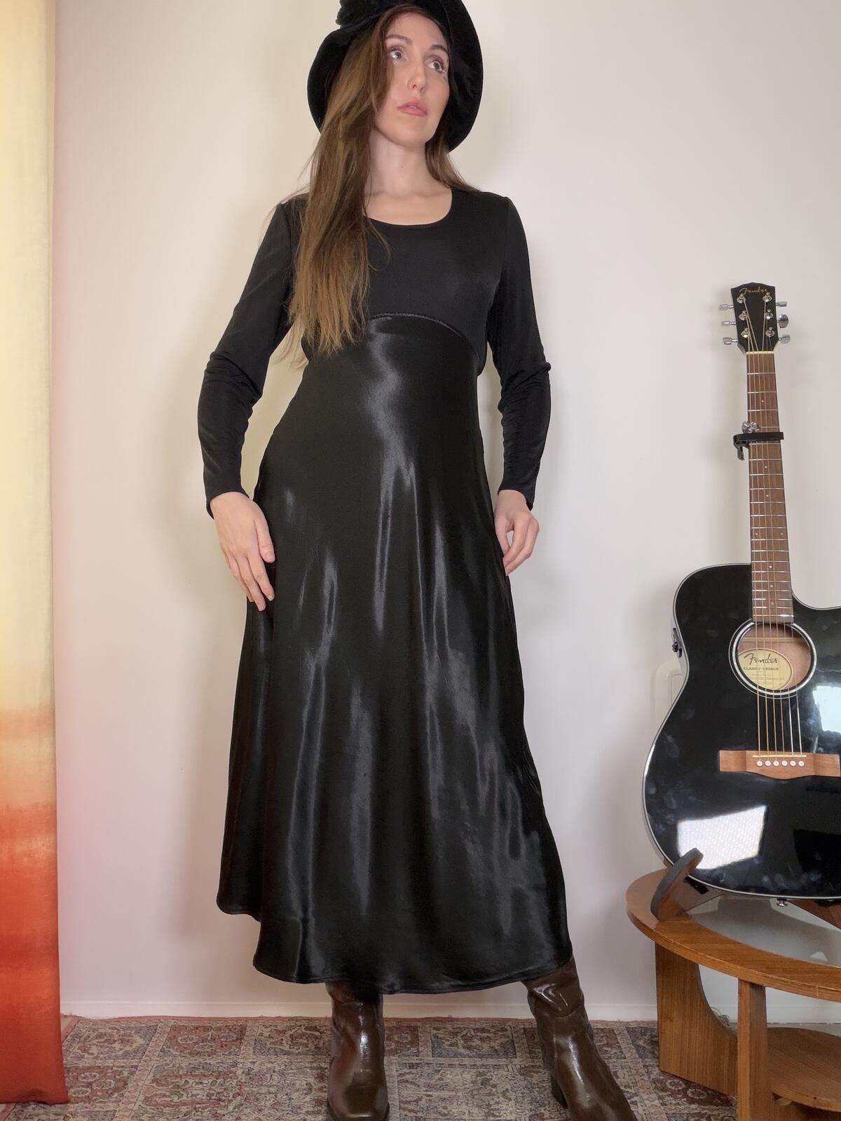 Vintage 1970s Maxi Dress Black Long Sleeve Whimsigoth Cocktail Dress Size 14