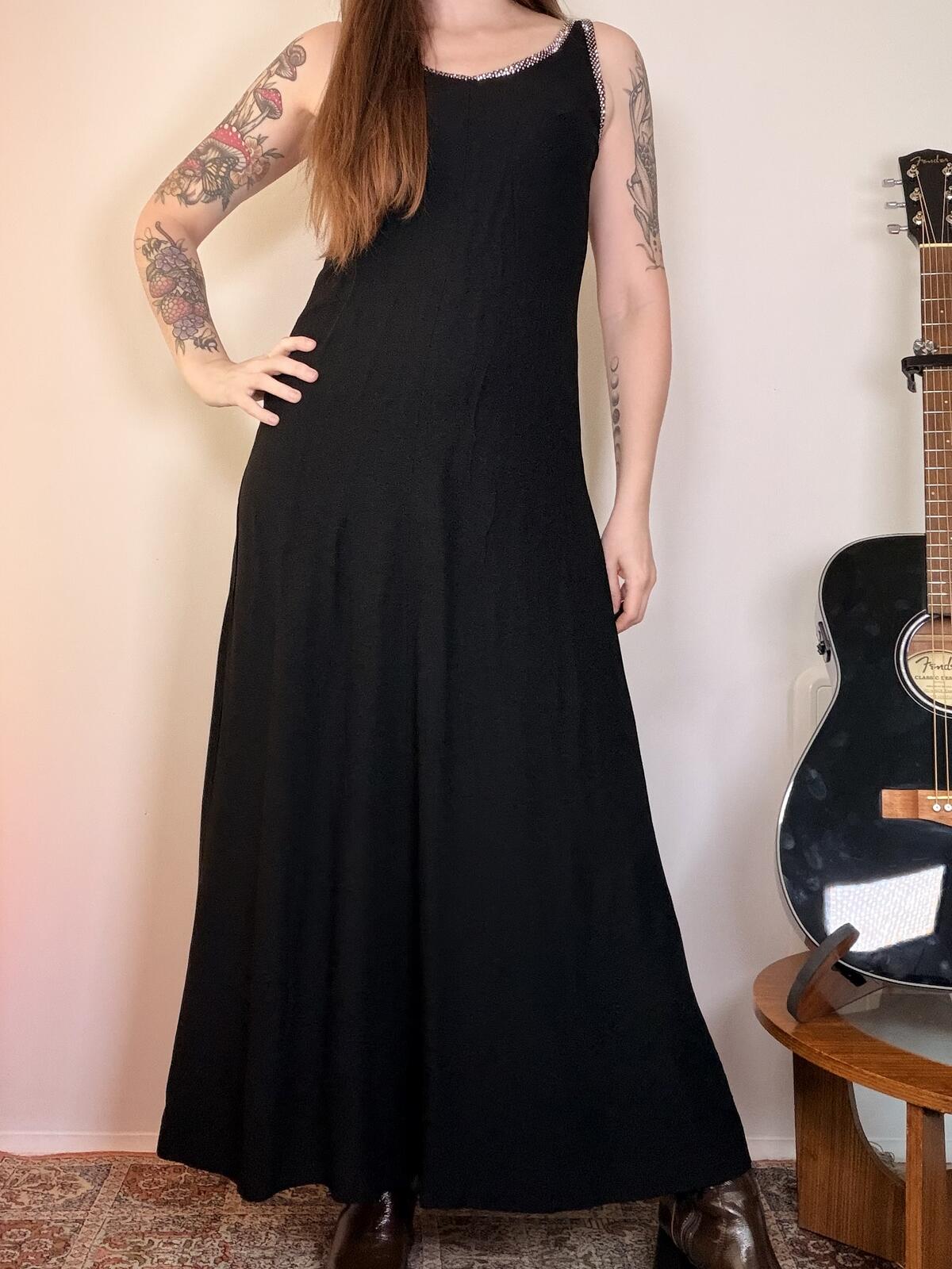 Vintage 1970s Cocktail Dress With Diamante trim Long Black Dress size 12