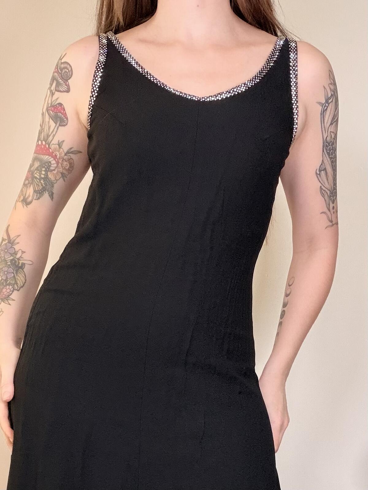 Vintage 1970s Cocktail Dress With Diamante trim Long Black Dress size 12