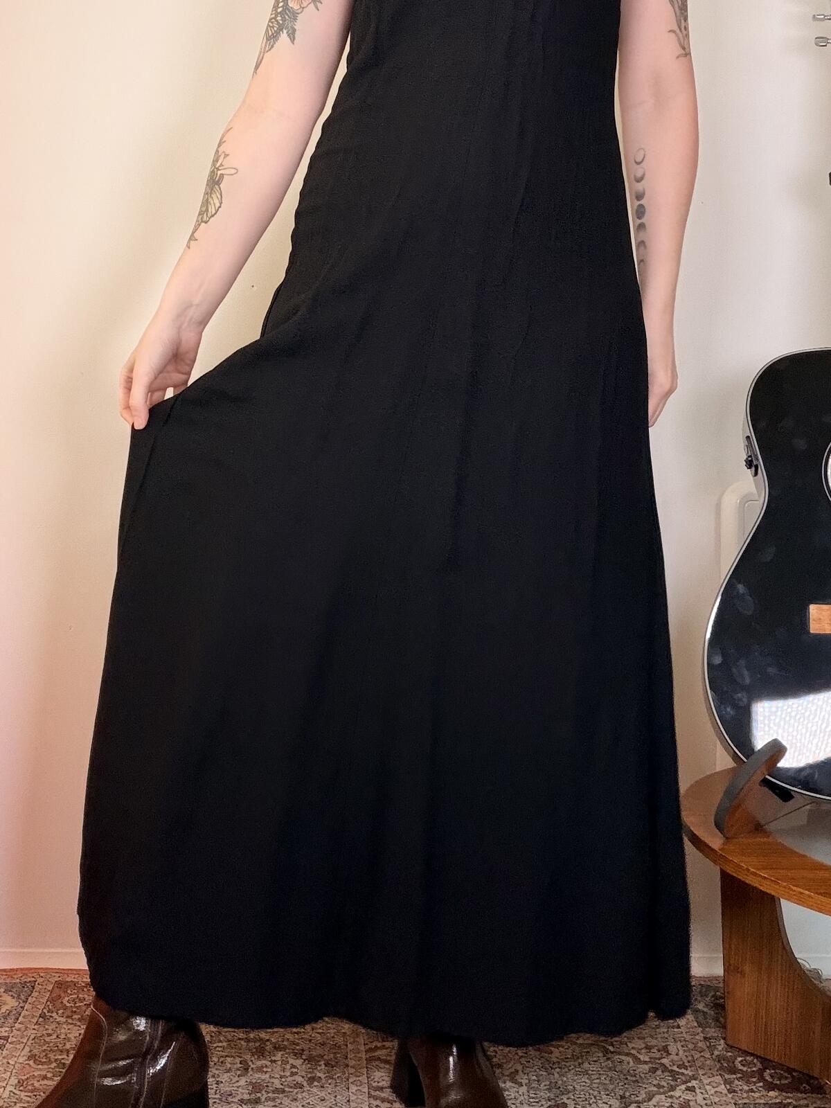 Vintage 1970s Cocktail Dress With Diamante trim Long Black Dress size 12