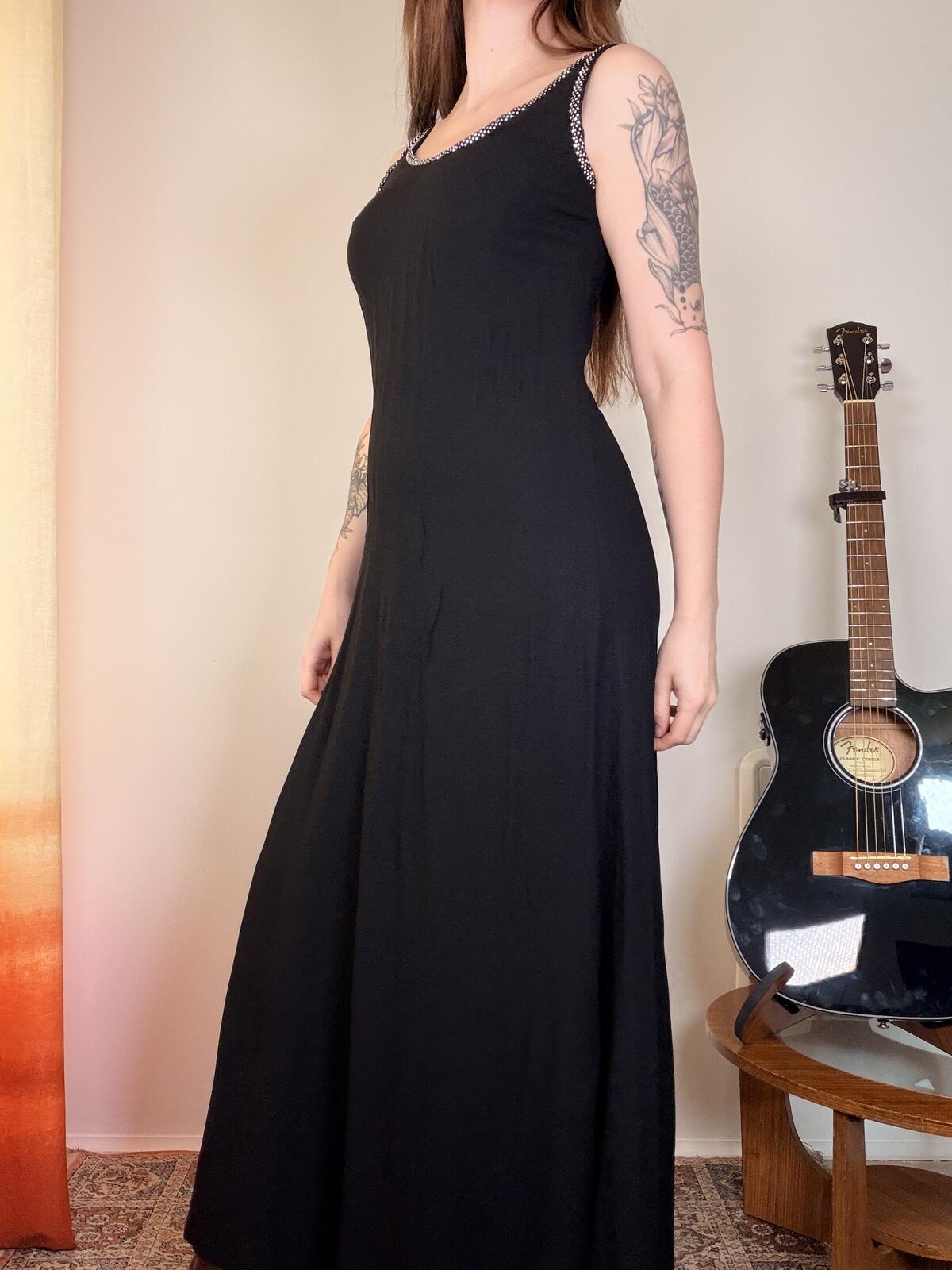 Vintage 1970s Cocktail Dress With Diamante trim Long Black Dress size 12