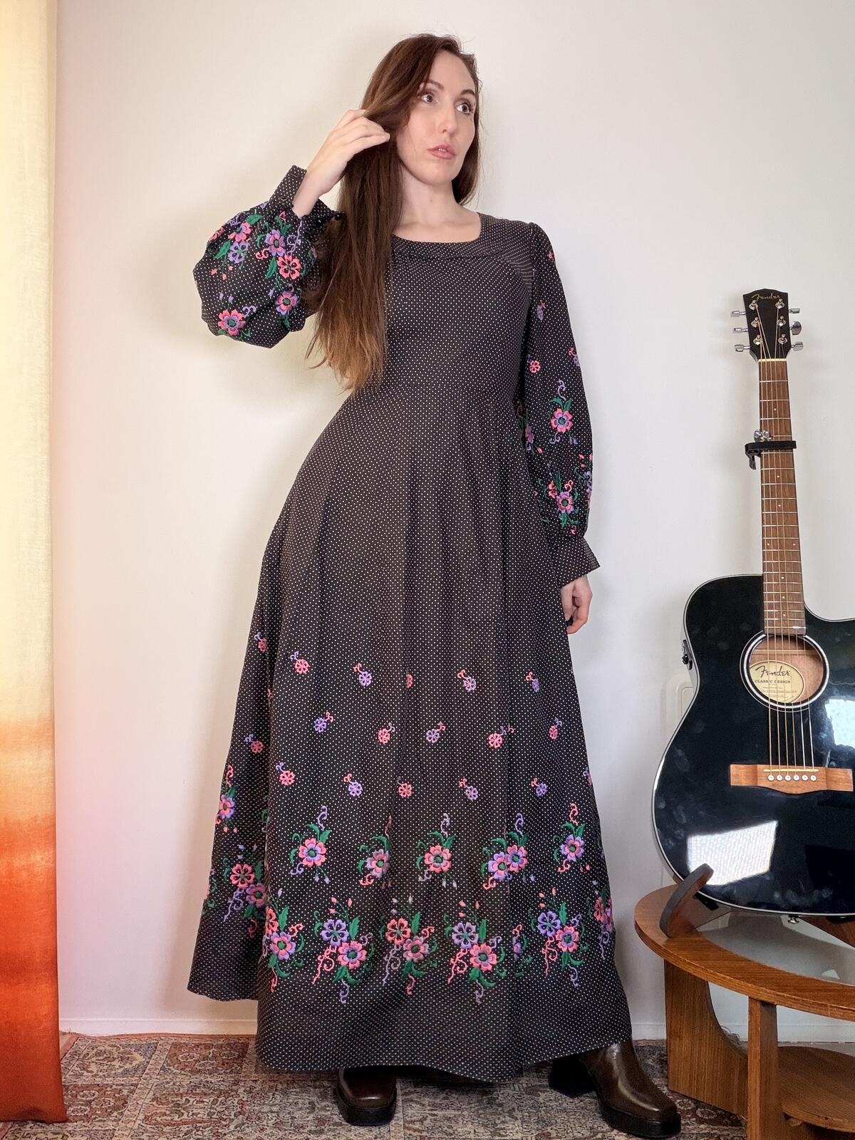 Vintage 1970s Prairie Dress Black Maxi Dress with Flowers and Polka Dots Size 8