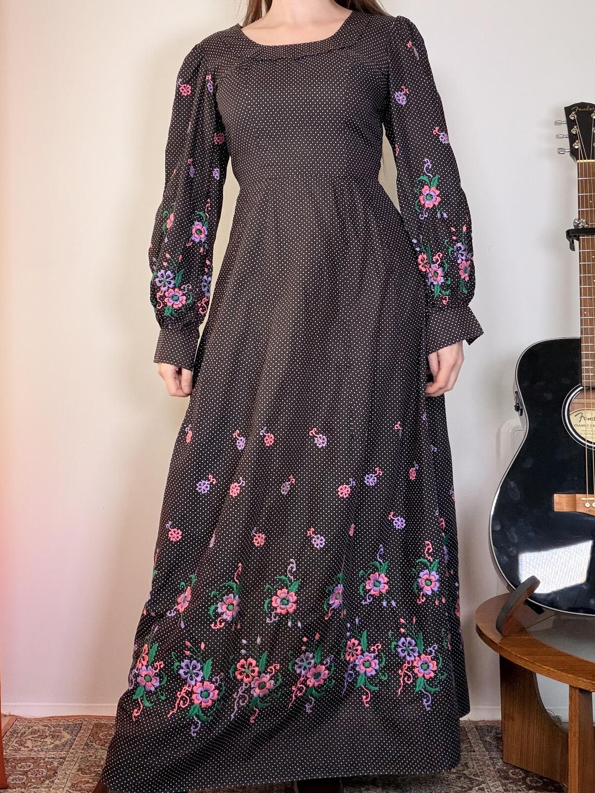 Vintage 1970s Prairie Dress Black Maxi Dress with Flowers and Polka Dots Size 8