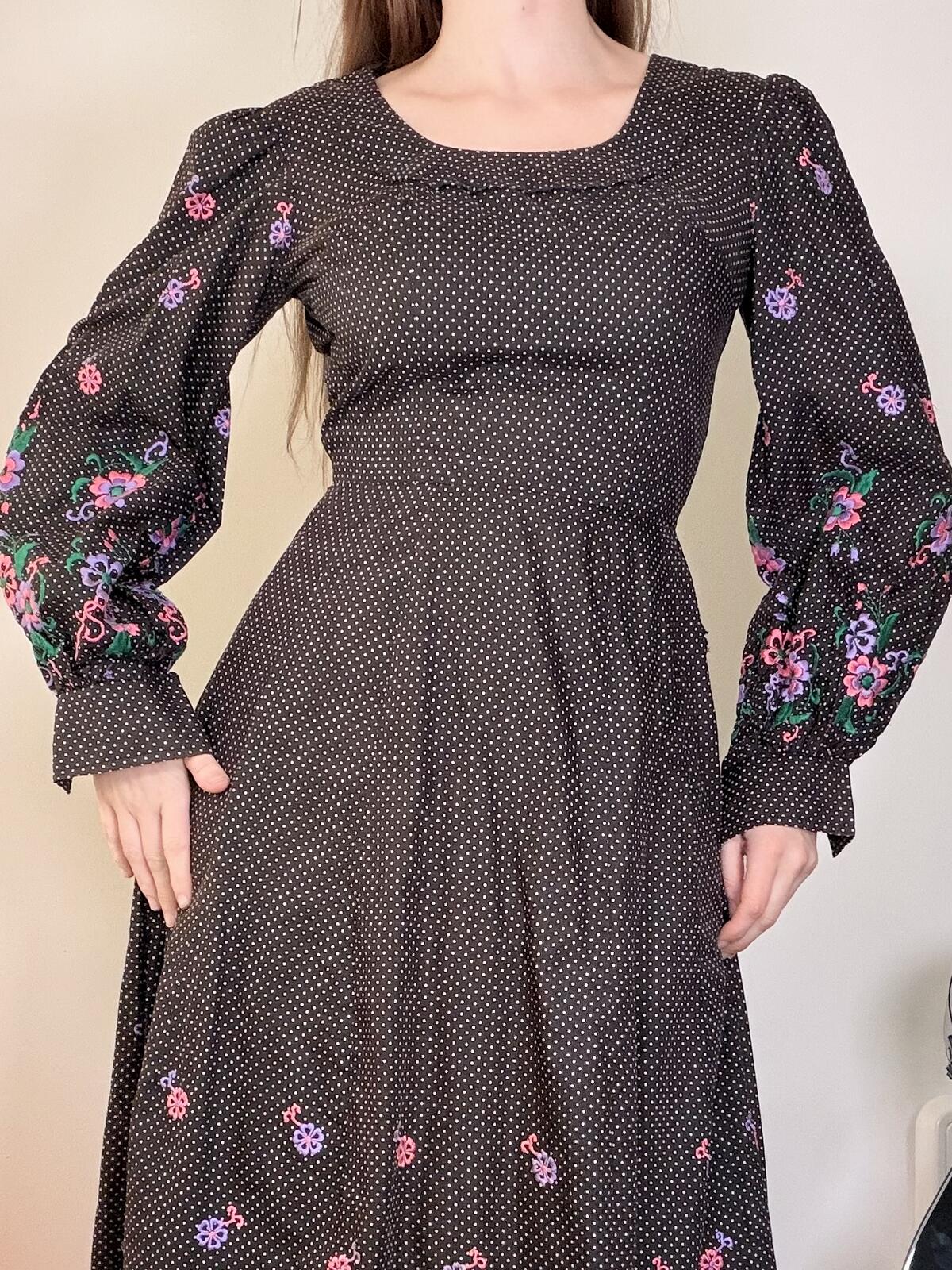 Vintage 1970s Prairie Dress Black Maxi Dress with Flowers and Polka Dots Size 8