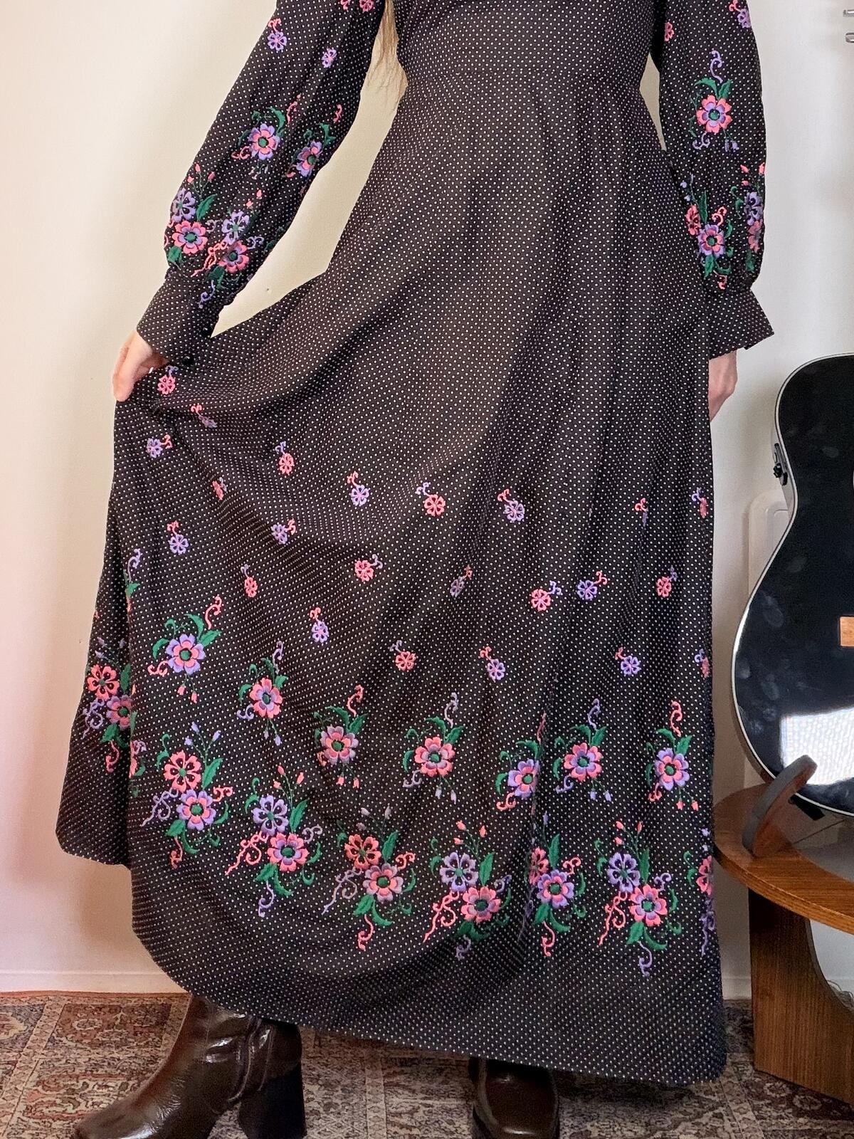 Vintage 1970s Prairie Dress Black Maxi Dress with Flowers and Polka Dots Size 8