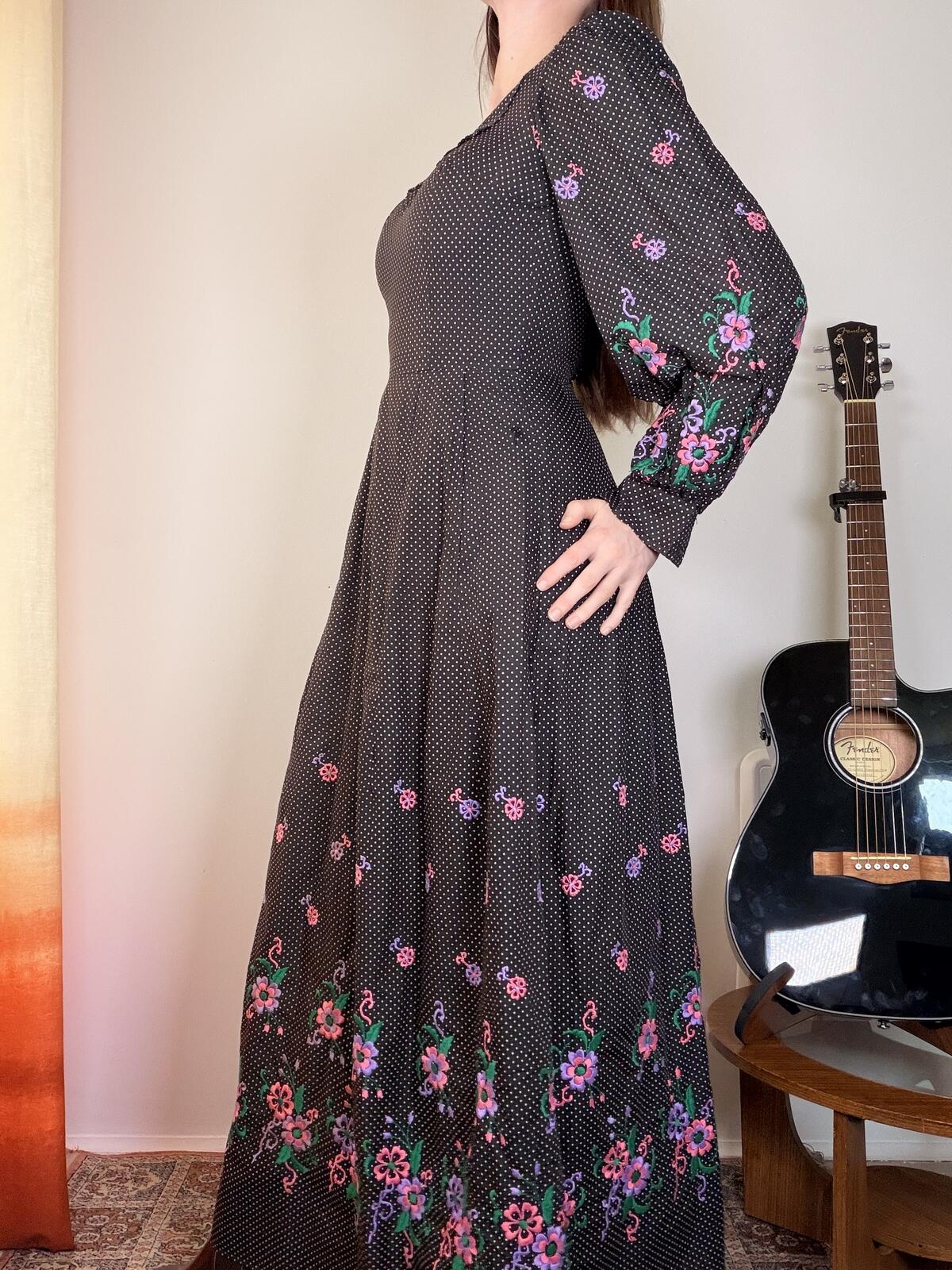 Vintage 1970s Prairie Dress Black Maxi Dress with Flowers and Polka Dots Size 8